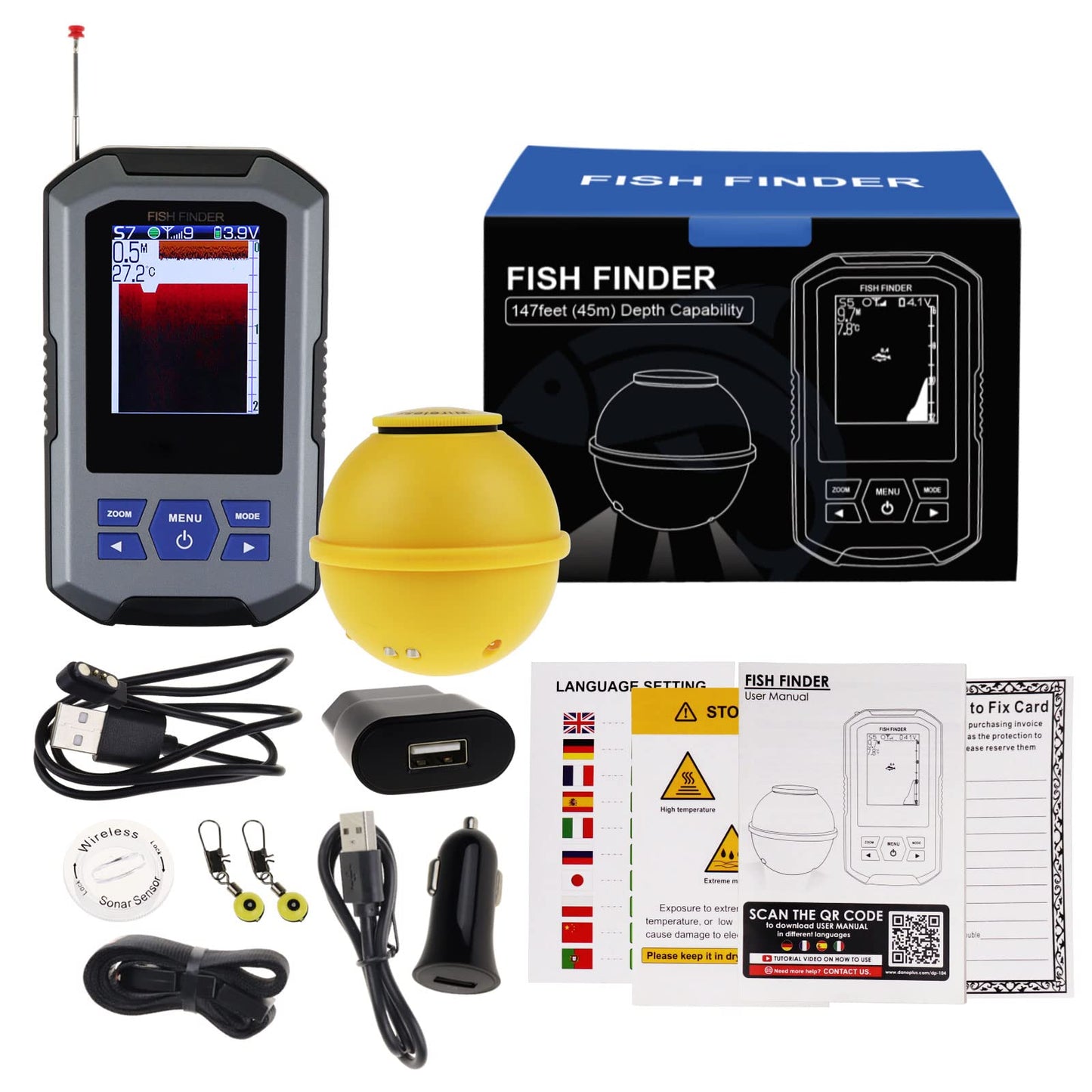 Localizador de Peces Inalámbrico Sensor de Sonda 125kHz Frecuencia 45 Metros / 147 Pies Profundidad Alarma Función y Largo LCD Monitor