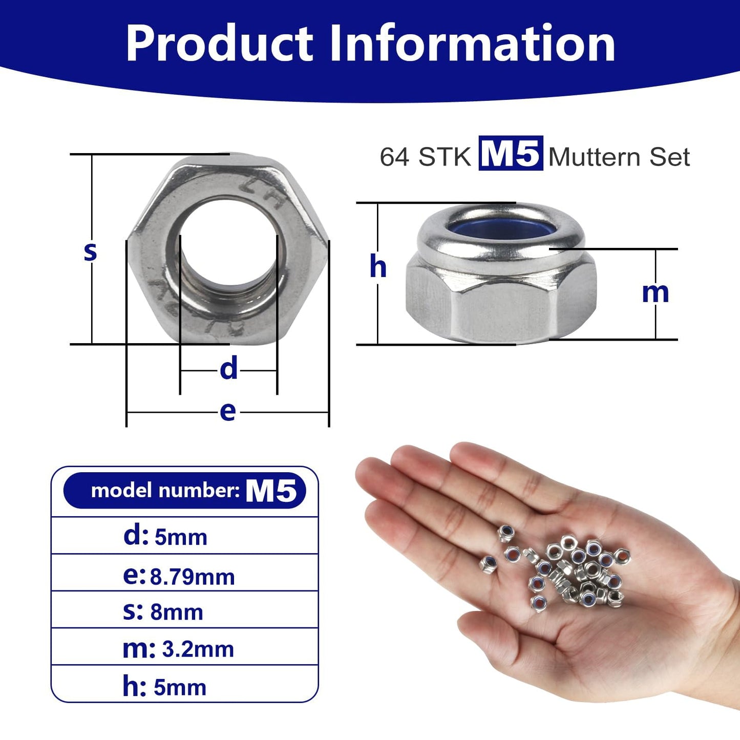 64 Piezas Tuercas M5, Tuercas Hexagonales de Acero Inoxidable A2 V2A, Tuercas Autoblocantes, DIN 985 Tuercas de Bloqueo de Nylon para Tornillos Pernos Roscados Inserciones Roscadas