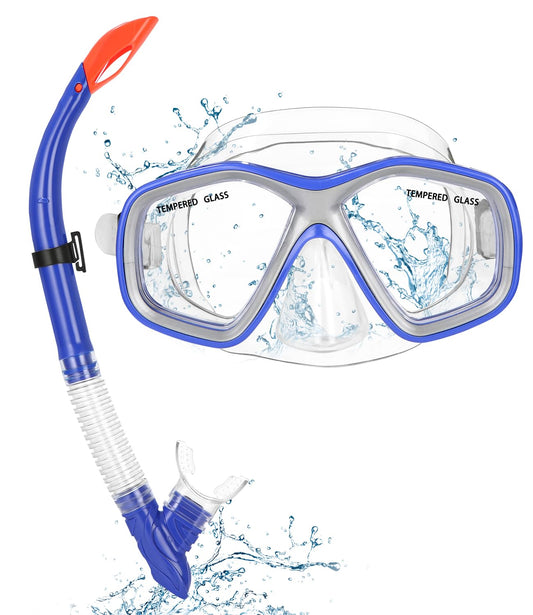 Gafas y Tubo de Snorkel Set para Niños, Panorámico de 180° Anti-Fugas Anti-Vaho Gafas y Mascara de Buceo de Cristal Templado y Dry Top Snorkel, para Snorkel Natación y Buceo