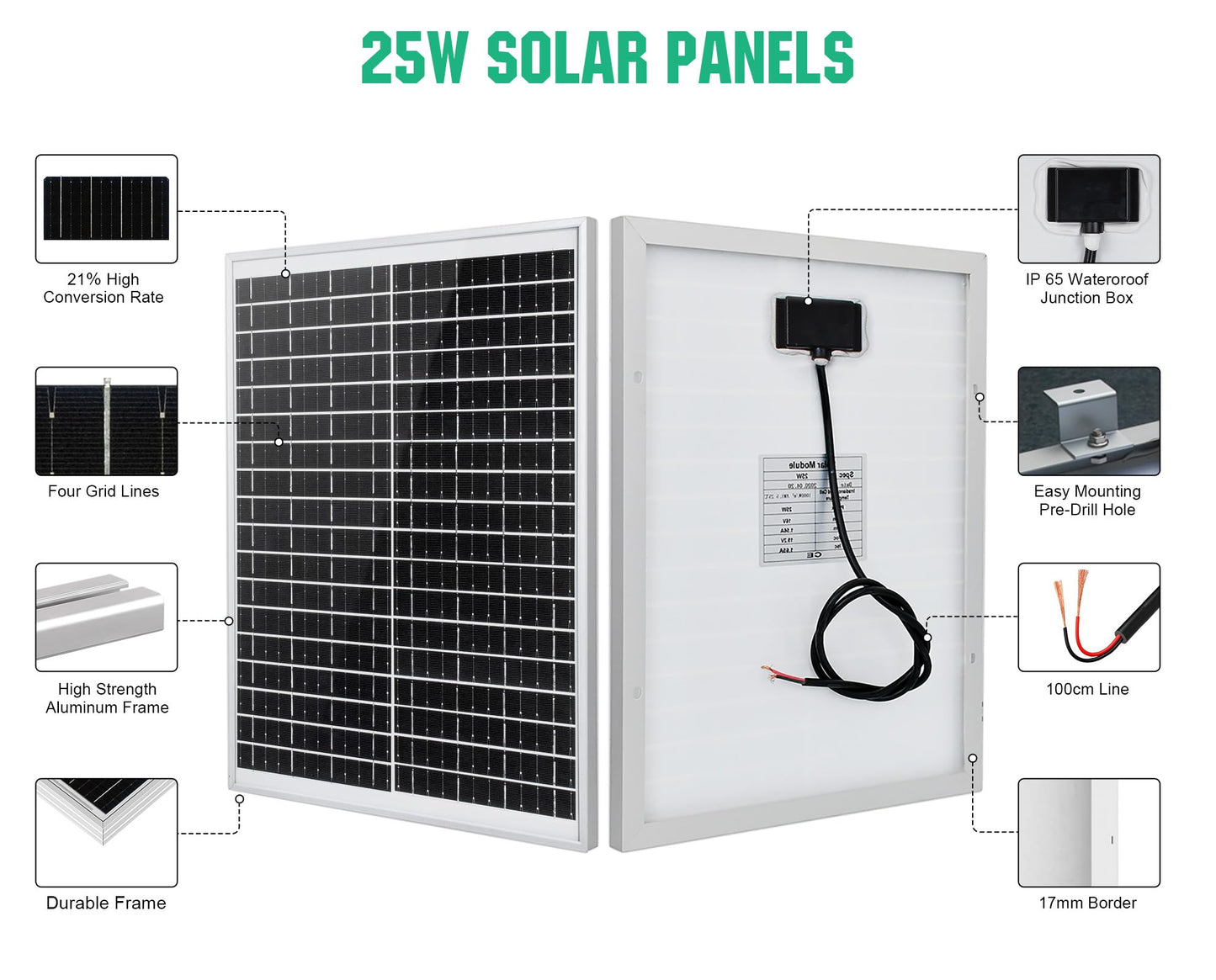 ECO-WORTHY Panel solar de 25 W, 12 V, IP65, resistente al agua, carga de batería para coche, furgoneta, barco, camping, viajes