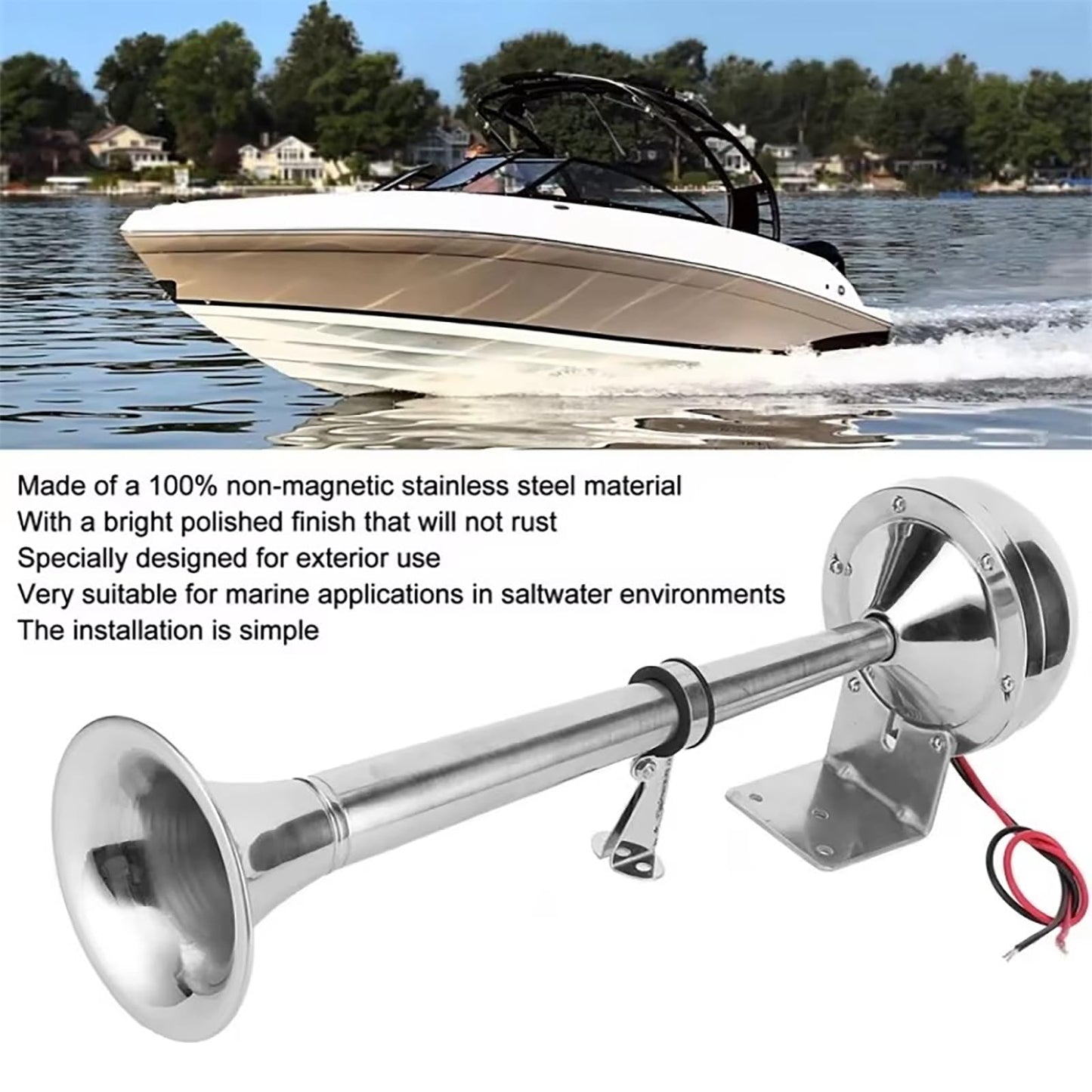 NEWFUN Bocina Camion 12v, Bocina Aire Comprimido, Bocina Camion, Bocina Monotubo de Acero Inoxidable, Bocina Eléctrica para Barcos, para Todos los Coches de 12 V, Camiones, Barcos, Veleros, etc.