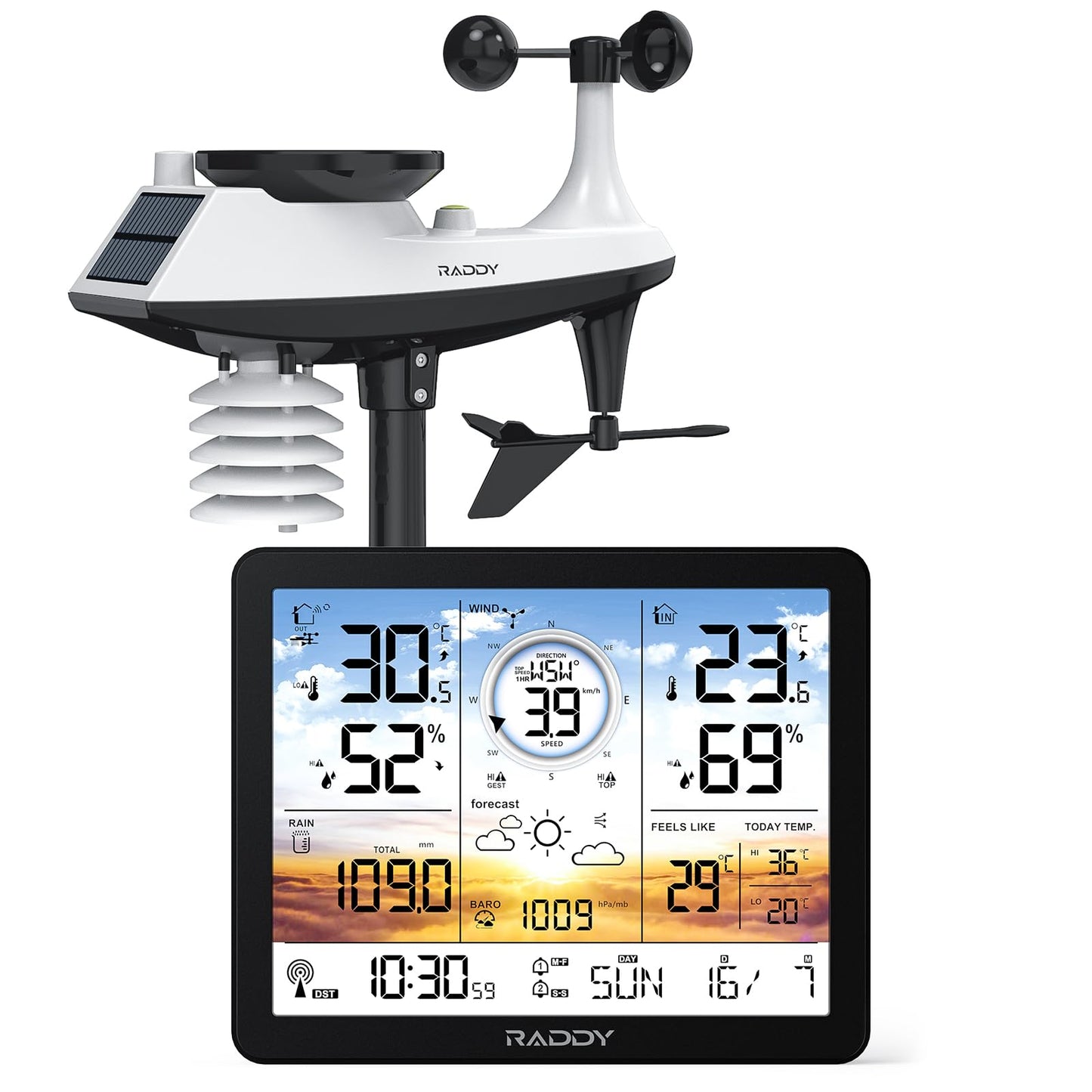 Raddy AG7 Estación meteorológica inalámbrica con sensor exterior, termómetro, higrómetro, pantalla digital de 7,4 pulgadas DCF, monitor de temperatura y humedad con previsión meteorológica y barómetro