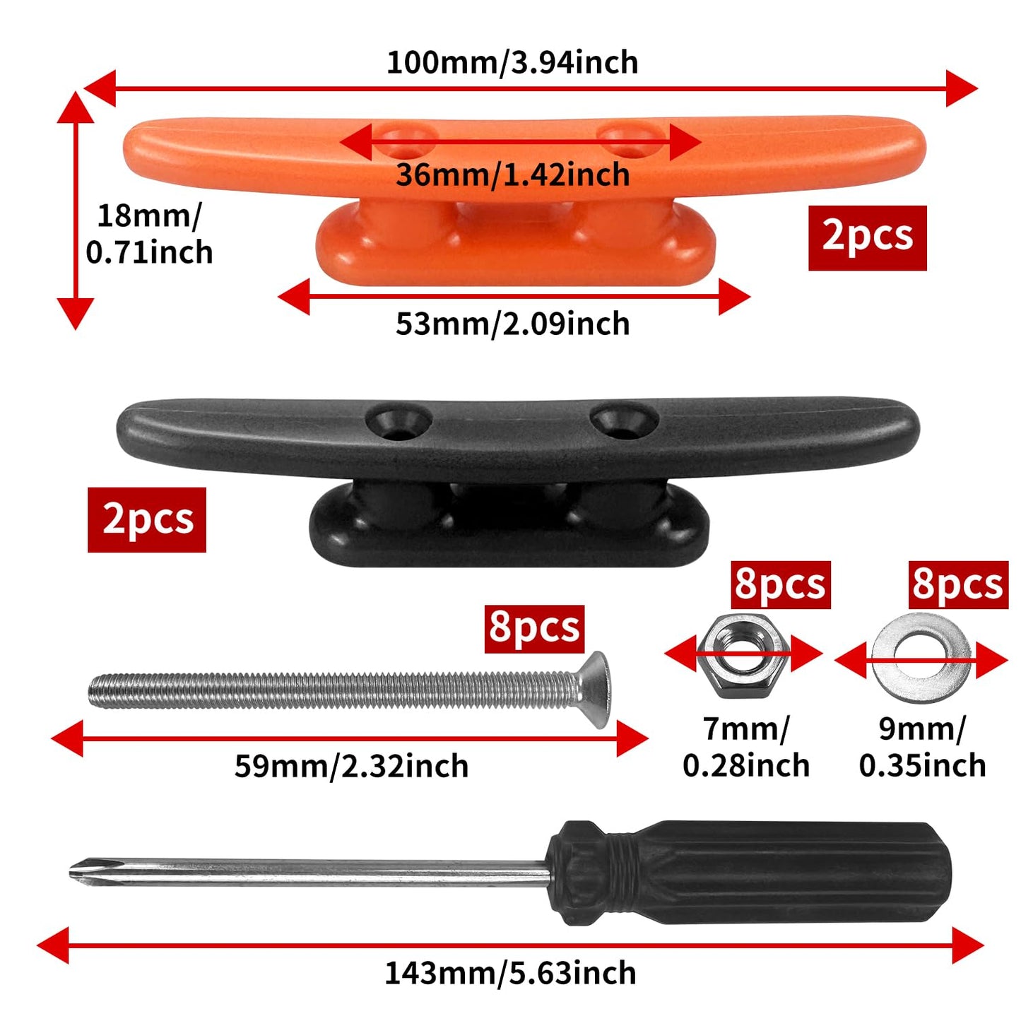 4 Pcs Grapa para Barcos, 100mm Cornamusas para Muelles De Amarre,with Screwdriver, Tacos De Base Abierta Base De Cuerda Marina,Taco De Barco Nailon(2 Black,2 Orange)