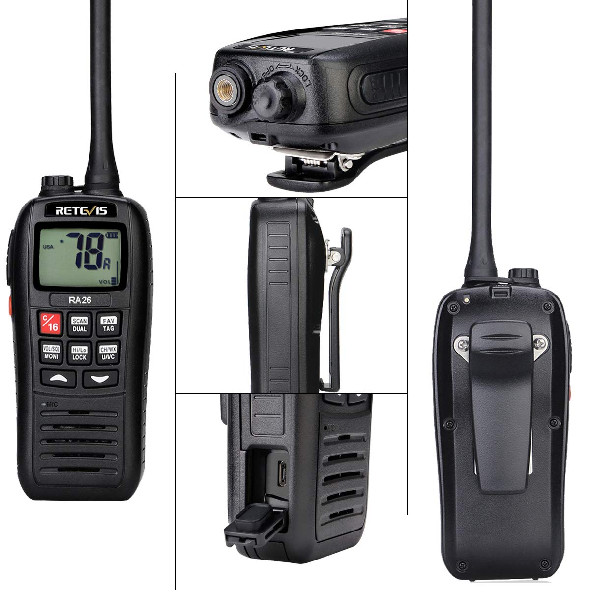 Retevis RA26 Marine Walkie Talkie, IP67 Impermeable Flotante, 88 Canales VHF, Escaneo de Monitor, Dual/Tri-Watch, Carga USB, Adecuado para Radio Internacional, Marina Radio de 2 Vías (1 Pieza) Negro