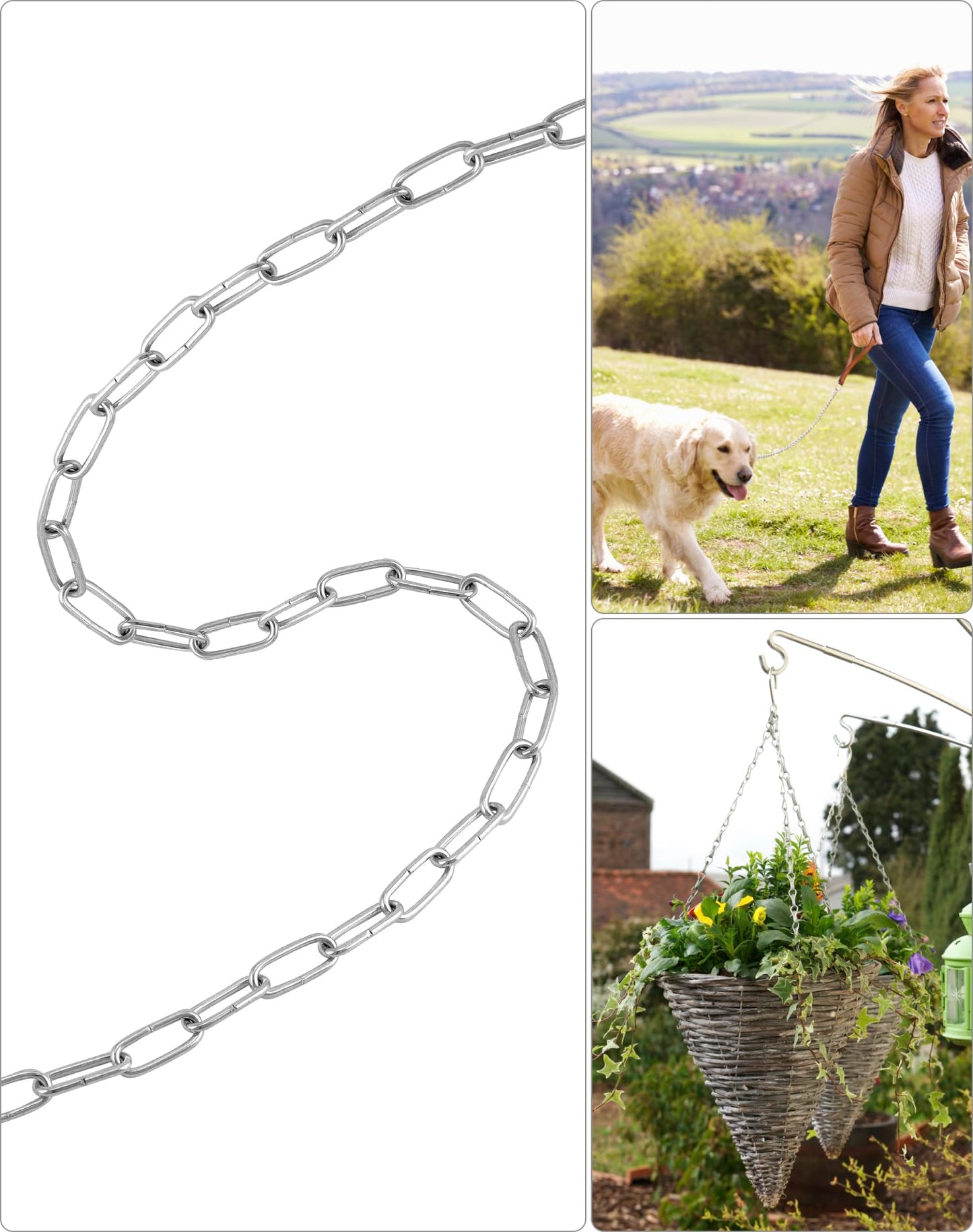 QWORK® 2 Piezas Cadena de acero galvanizado - Ø 2 mm - 5 m - Cadena de Acero Soldados Resistente al óxido para tendedero/plantas colgantes/cadena para perros/candado para bicicletas/decoración DIY