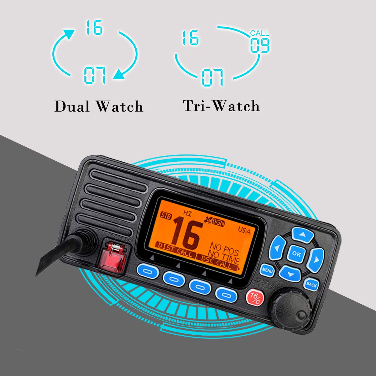 Retevis RA27 Transceptor Marino, IP67 Impermeable, Clase D DSC, GPS, 88 Canales VHF, Dual/Tri-Watch, Apto para Transceptor Marino Profesional Internacional (1 Pieza, Negro)