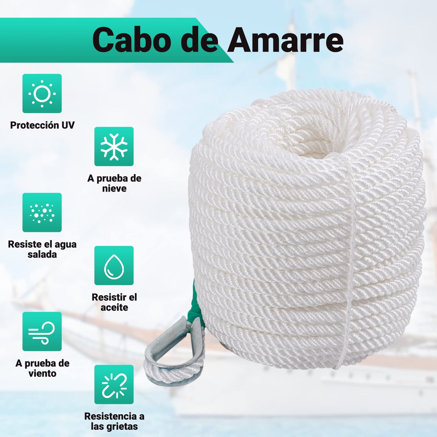 CarBole Cuerda para Barco, Cuerda de Nailon de 12mm x 30m para Escalada, Marinero, Barco de Pesca, Ancla de Barco, Amarre de Barco