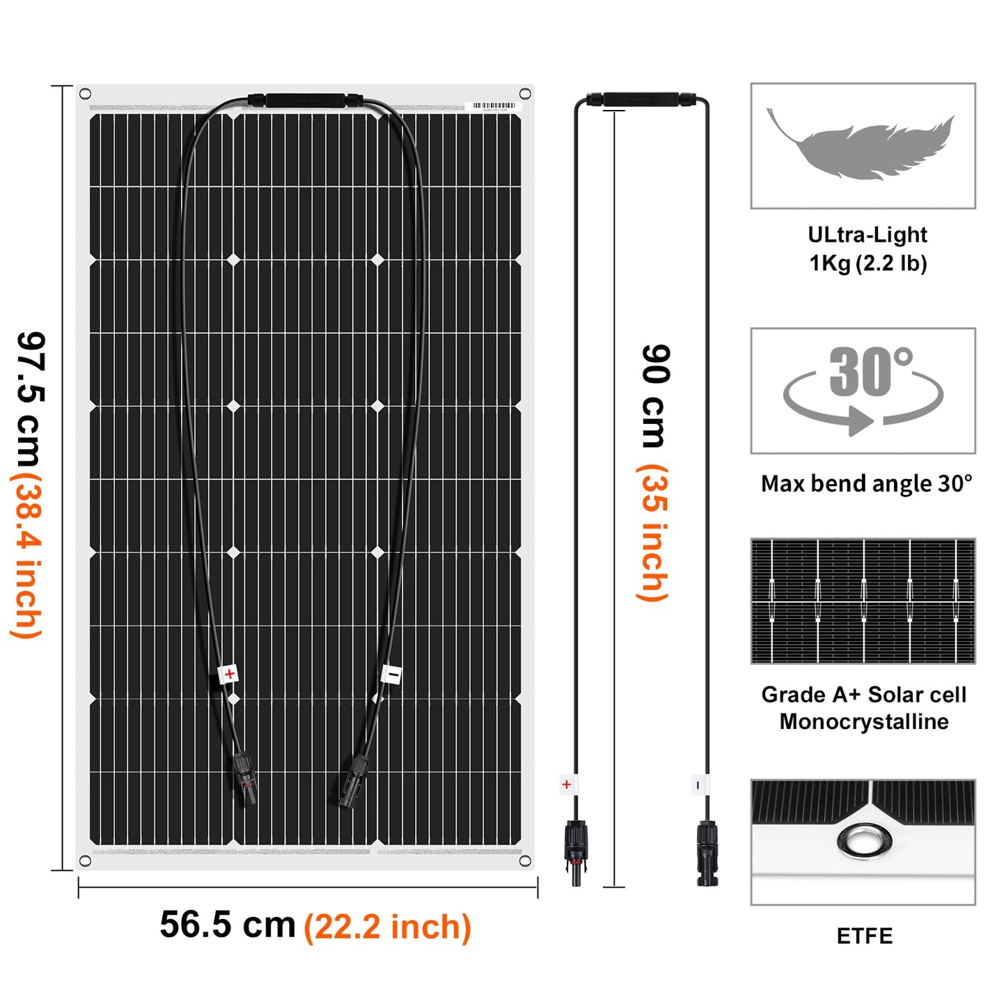 DOKIO 4PC Panel Solar Flexible 100W 18V ETFE Monocristalino Fotovoltaico para cargar baterías de 12V, para Autocaravana, Caravana, Barcos, Techos, Camping, Superficies irregulares