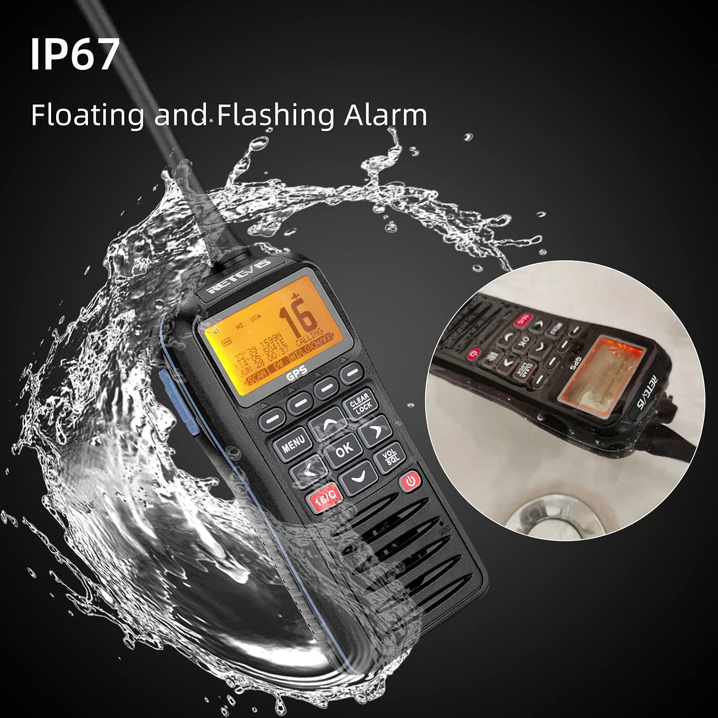 Retevis RM40 Radio VHF Portátil, Radio Marina GPS, IP67 Impermeable, Profesional DSC Radio Marina Portátil, Radio Bidireccional Flotante, Transceptor Marino para Rescate, Guardacostas (Negro,1Pieza)