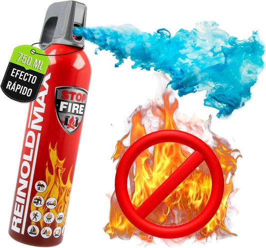 ReinoldMax Pequeño extintor de coche, mini extintor de barco, extintor de caravana, extintor eléctrico, mini extintor de barbacoa, Aerosol 5 en 1 para todos los fuegos, extintor comercial, 750ml