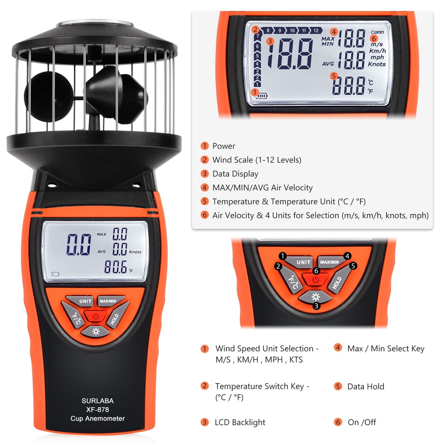 SURLABA Wind Cup Anemómetro para Exterior, XF-878 Digital Medidor de Velocidad Viento Rango Medición 0.7~42m/s, MAX/MIN/AVG Modos & Prueba de Temperatura, Wind Meter con Brújula para Drones Vela Surf