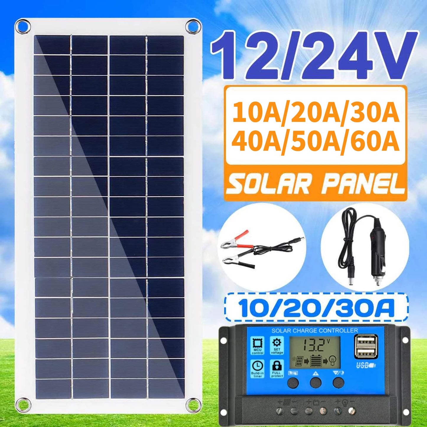 Aumotop Panel Solar Flexible 300W 12V 24V Módulo Monocristalino con Regulador de Carga Solar para Auto Caravana Barco Automóvil Casa