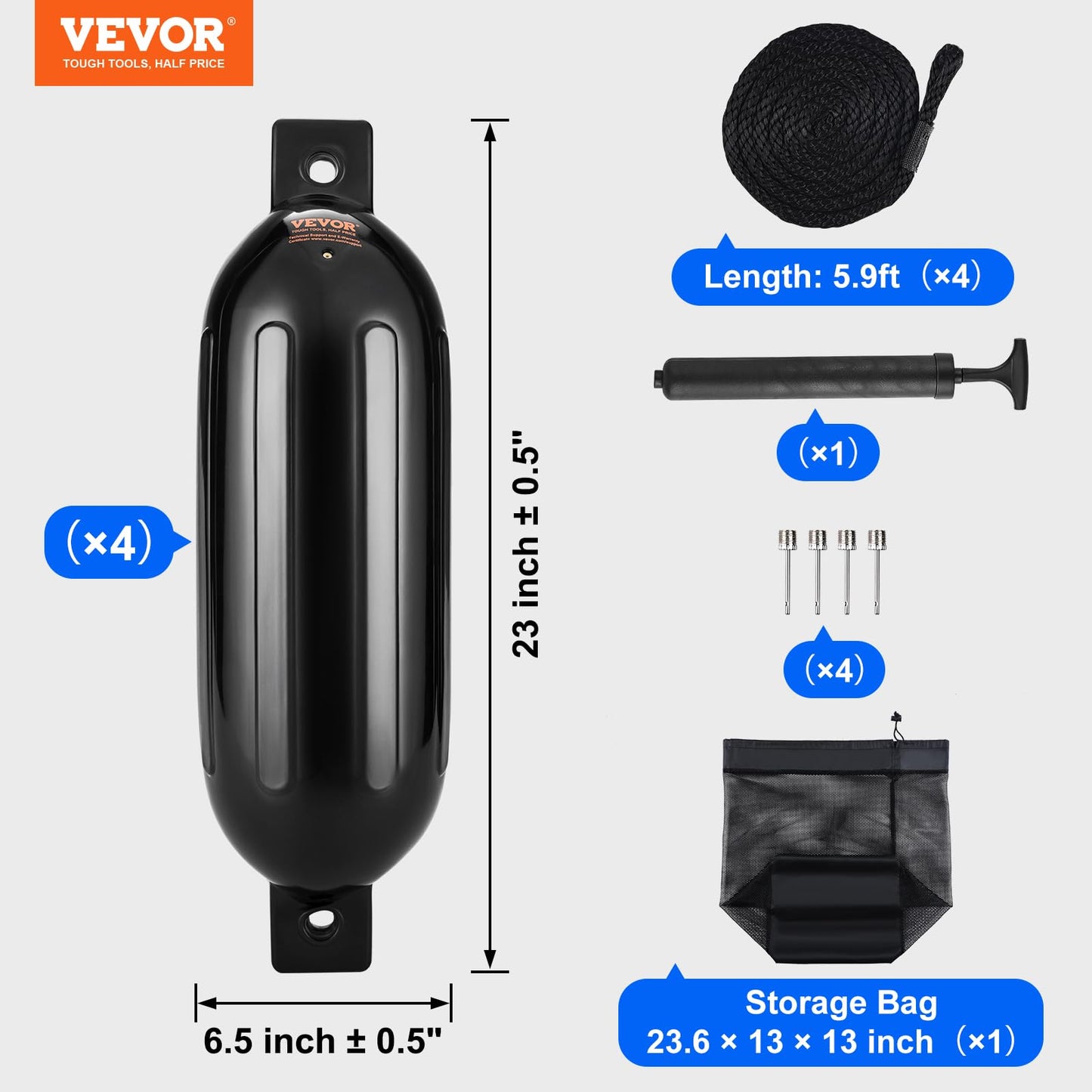 VEVOR 4 Piezas Guardabarros Inflables de PVC para Barcos 16,5x58,4 cm con Bomba, Agujas de Aire, Cuerdas y Bolsa de Almacenamiento de Parachoques para Canoas, Pontones, Barcos, Barcos de Pesca, Muelle