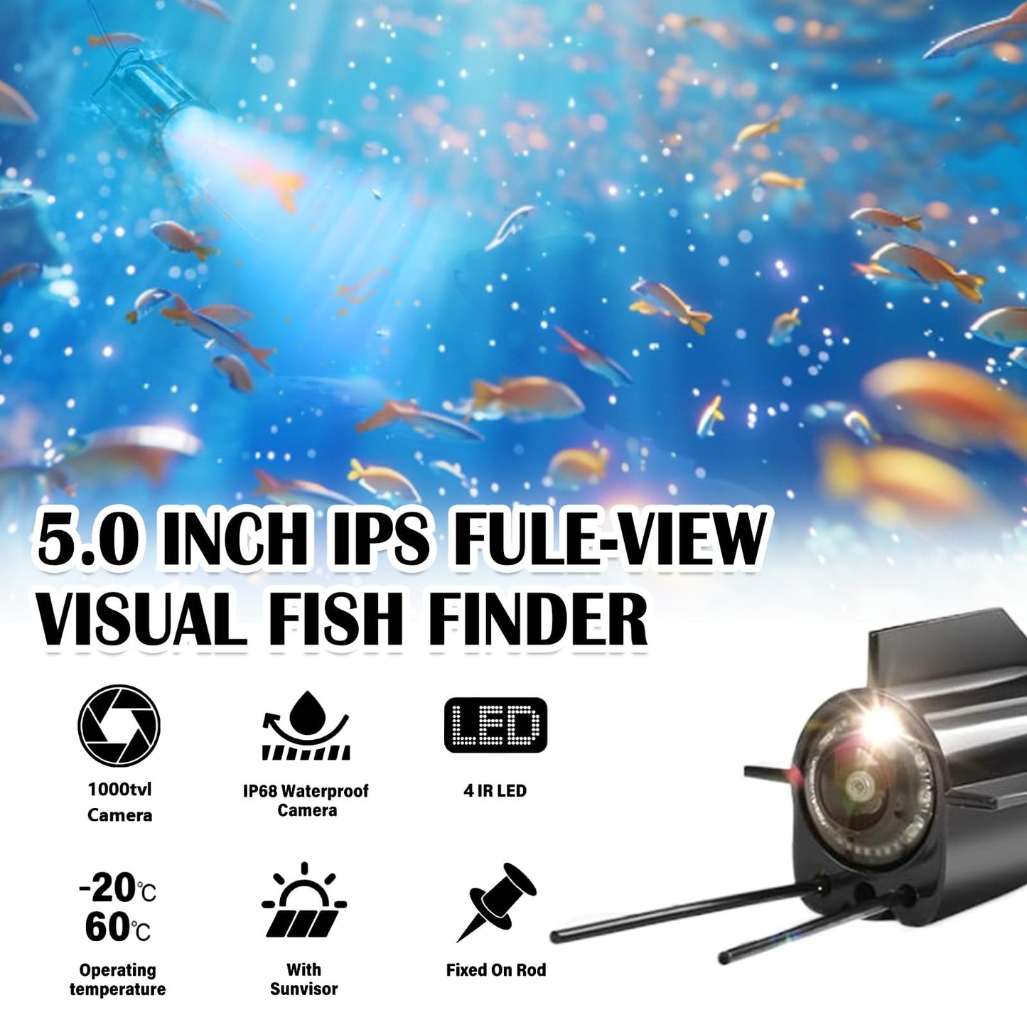 Sonda de Pesca, Cámara de Pesca Submarina IP65 Impermeable con 5" Pantalla IPS 8000 mAh Batería 30M Cable 220° Visión Nocturna Gran Angular para Pesca en el Mar Pesca en Río Pesca en Hielo