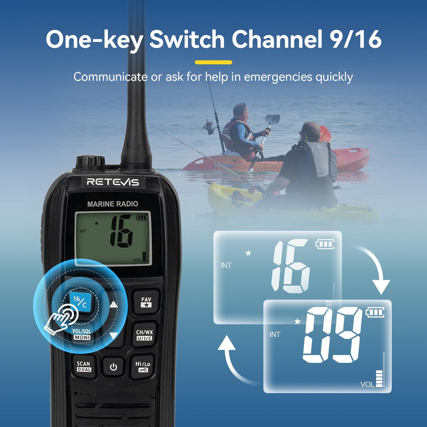 Retevis RM22 VHF Radio Marina, Walkie Talkie Impermeable IP67, Flotante, 2200 mAh, 88 Canales, Audio 900 MW, Radio Marina Bidireccional de Largo Alcance para Kayak, Pesca, Vela (Negro, 1 Pieza)