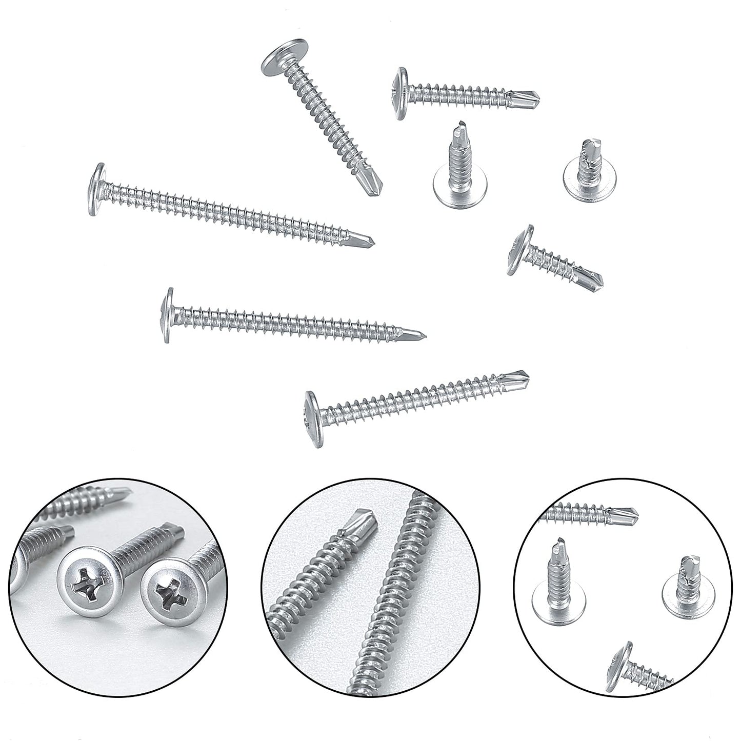 280 Piezas Tornillos Autorroscantes de Cruz Cabeza Plana Acero Inoxidable, Tornillos Autoperforantes con Cola Perforación para Roscachapas- M4.2* (13mm/16mm/19mm/25mm/32mm/38mm/45mm/50mm)