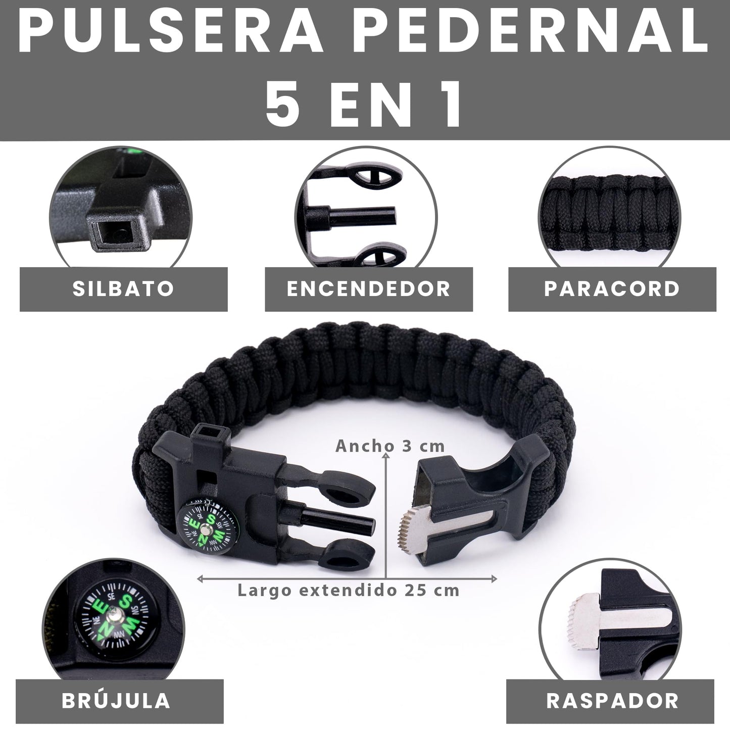 John Lossag Kit Pedernal Supervivencia Profesional con Pulsera Paracord Mini Pedernal Ferrocerio Multiusos Regla