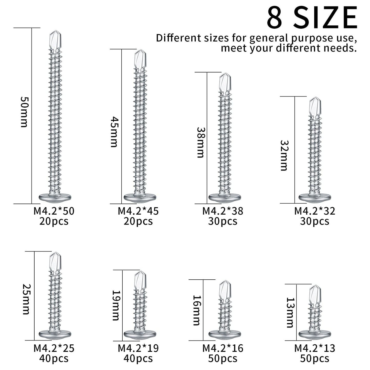 280 Piezas Tornillos Autorroscantes de Cruz Cabeza Plana Acero Inoxidable, Tornillos Autoperforantes con Cola Perforación para Roscachapas- M4.2* (13mm/16mm/19mm/25mm/32mm/38mm/45mm/50mm)