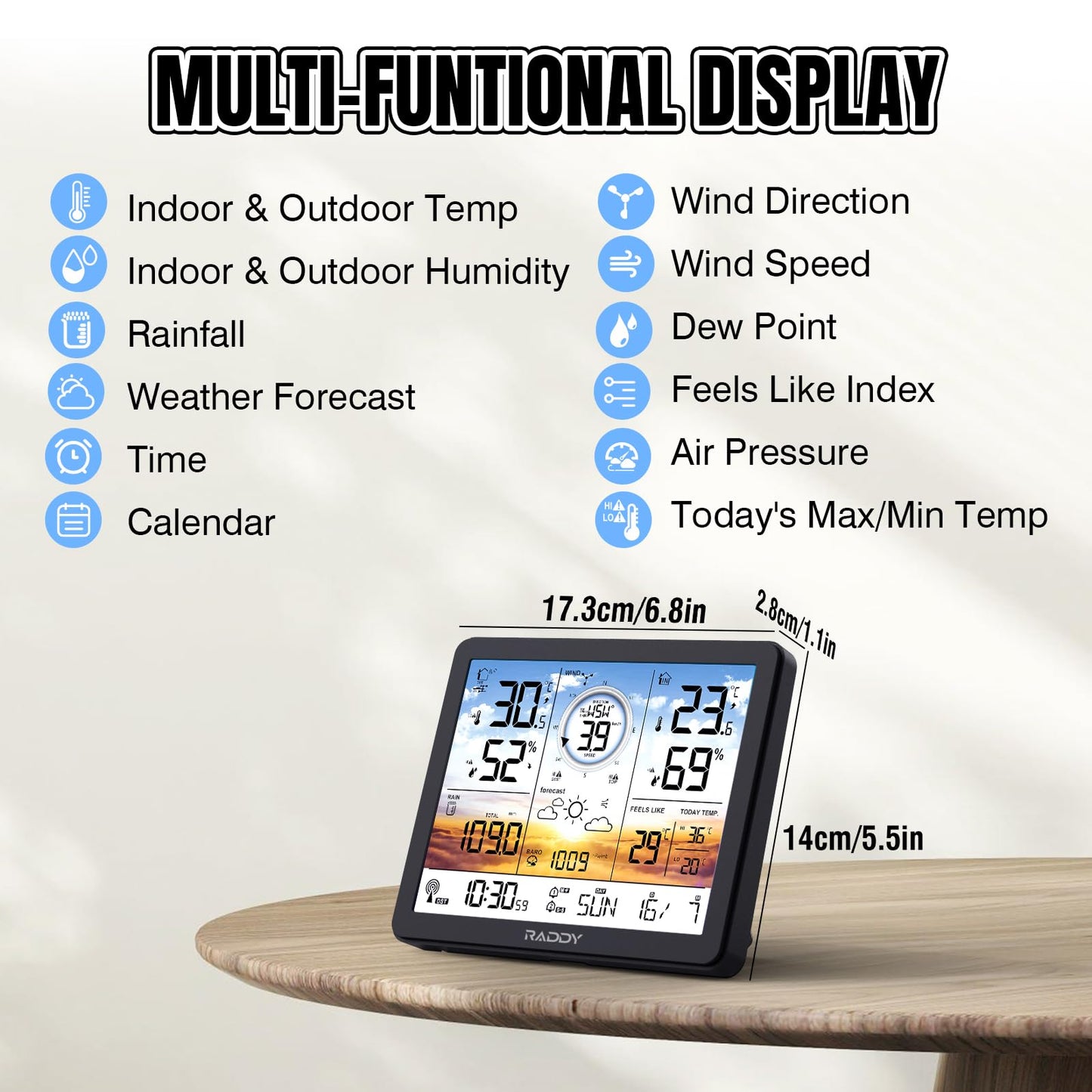 Raddy AG7 Estación meteorológica inalámbrica con sensor exterior, termómetro, higrómetro, pantalla digital de 7,4 pulgadas DCF, monitor de temperatura y humedad con previsión meteorológica y barómetro