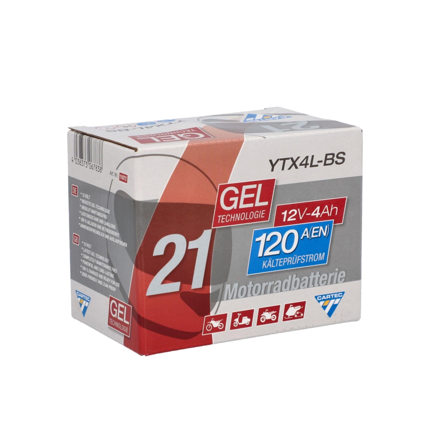 CARTEC YTX4L-BS - Batería para motocicleta, 4 Ah, 120 A, tecnología de gel, calidad original, resistente al ciclo, almacenable, sin mantenimiento, color negro