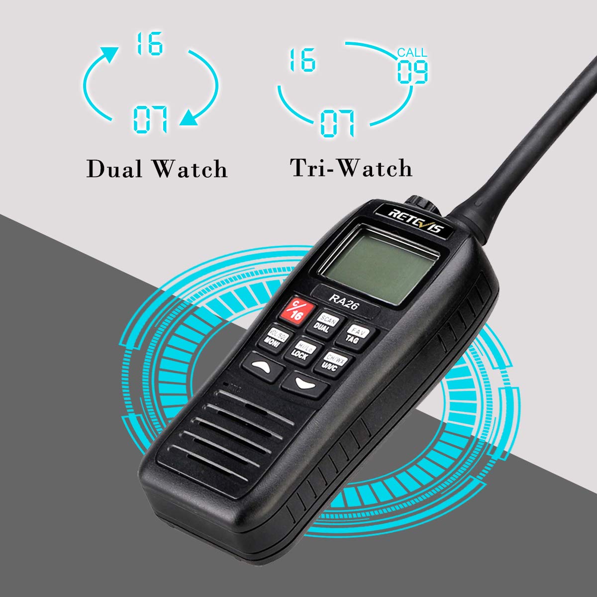 Retevis RA26 Marine Walkie Talkie, IP67 Impermeable Flotante, 88 Canales VHF, Escaneo de Monitor, Dual/Tri-Watch, Carga USB, Adecuado para Radio Internacional, Marina Radio de 2 Vías (1 Pieza) Negro