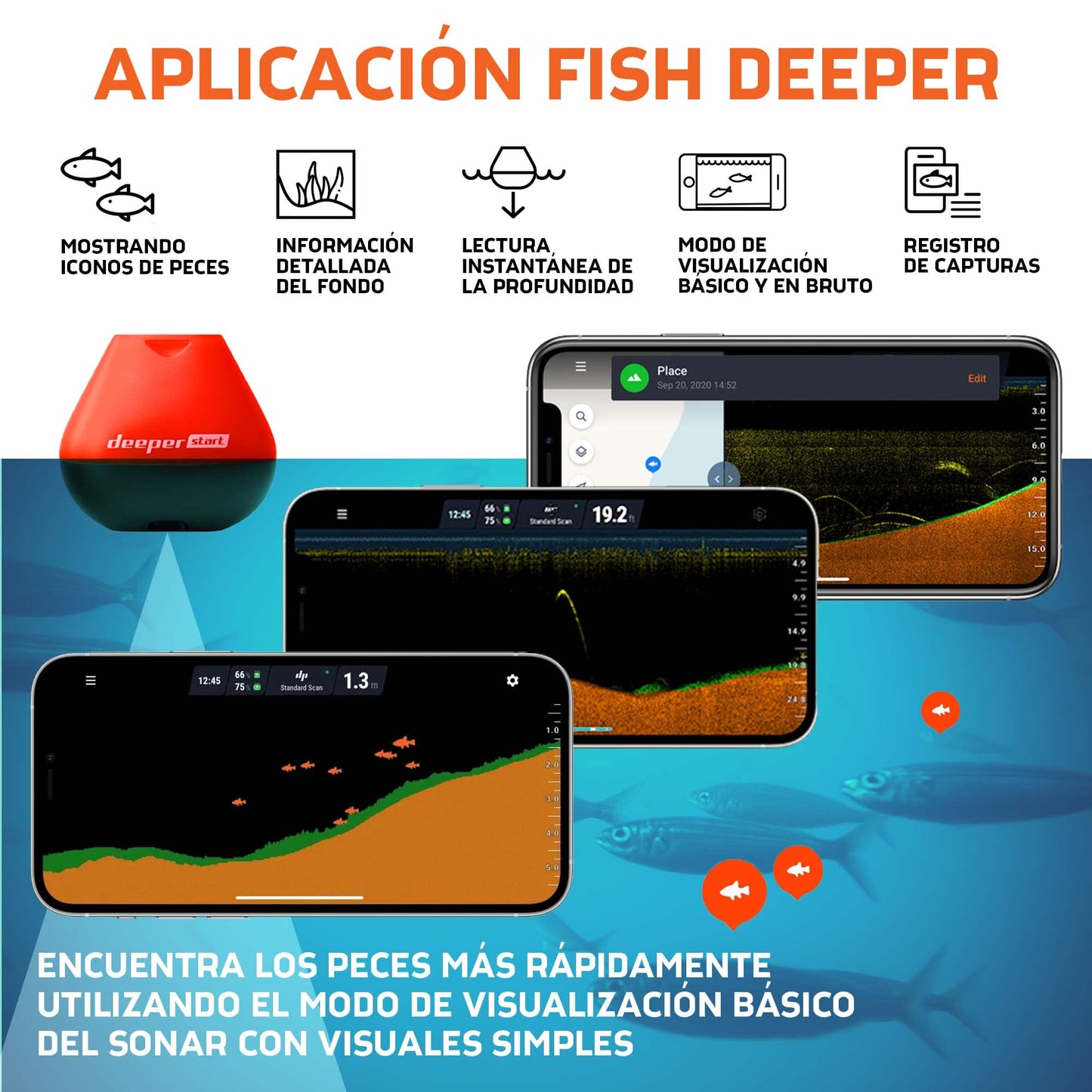 Deeper Start Sonda de Pesca - Detector Radar de Peces Portátil con WiFi. Accesorios de Pesca para Río y Carpfishing | Pesca Recreativa para Orilla