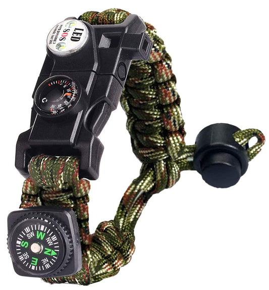 Pulsera Paracord Supervivencia España, Camuflaje Supervivencia Pulsera con Flint + Brújula + Termómetro + Silbato, para Caminatas en Canchas de Camping u Otras Actividades al Aire Libre (Camuflaje)