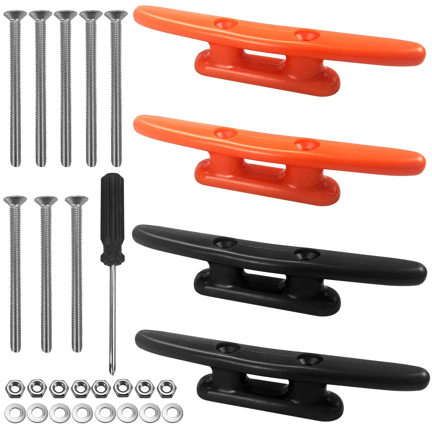 4 Pcs Grapa para Barcos, 100mm Cornamusas para Muelles De Amarre,with Screwdriver, Tacos De Base Abierta Base De Cuerda Marina,Taco De Barco Nailon(2 Black,2 Orange)