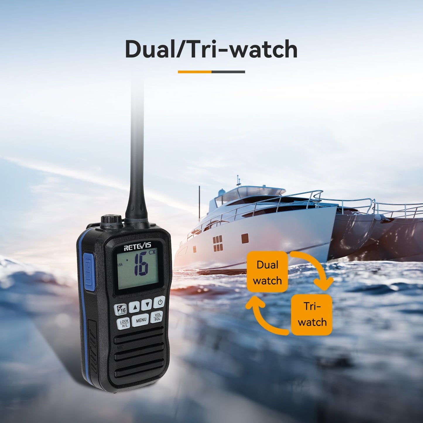 Retevis RM01 VHF Marino Portatil, IP67 Walkie Talkie Impermeable, Vibración Transceptor de Barco Flotante, Radio Marina con Auricular para Barcos, Kayak, Pesca (Negro, 1 Pieza)