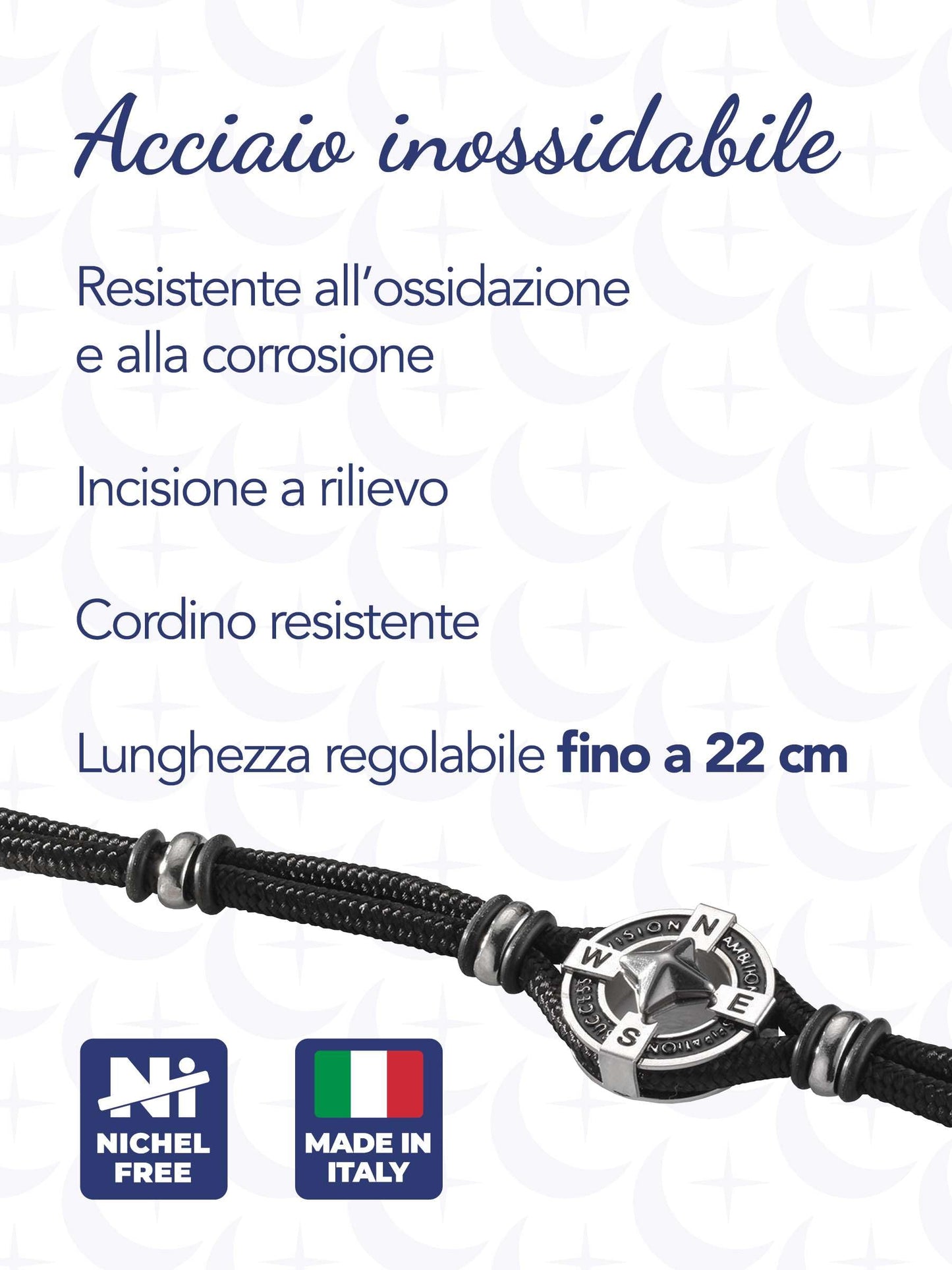 inSCINTILLE Moda Náutica Pulsera de Acero Inoxidable para Hombre con Símbolos Náuticos Longitud Ajustable con Caja de Regalo Incluida (Rosa de los vientos - Negro)