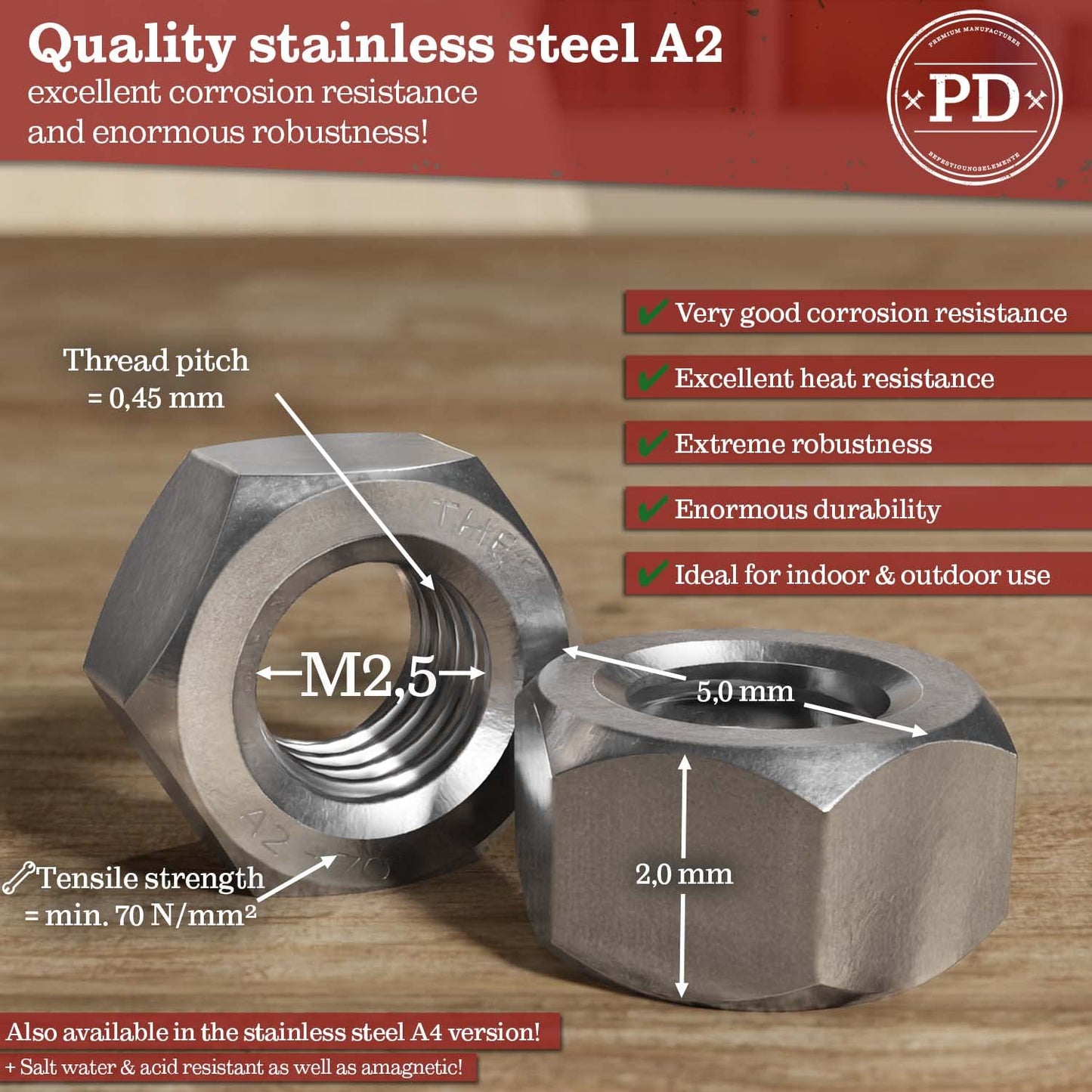 PD® Tuercas M2,5 (DIN 934 / ISO 4032) | Tuercas hexagonales de acero inoxidable A2 V2A | Tuerca hexagonal Tuerca de acero inoxidable para tornillos, pernos roscados y varillas roscadas | 100 piezas