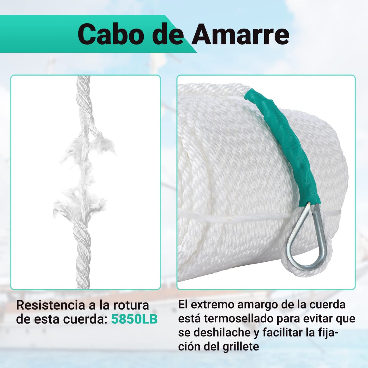 CarBole Cuerda para Barco, Cuerda de Nailon de 12mm x 30m para Escalada, Marinero, Barco de Pesca, Ancla de Barco, Amarre de Barco