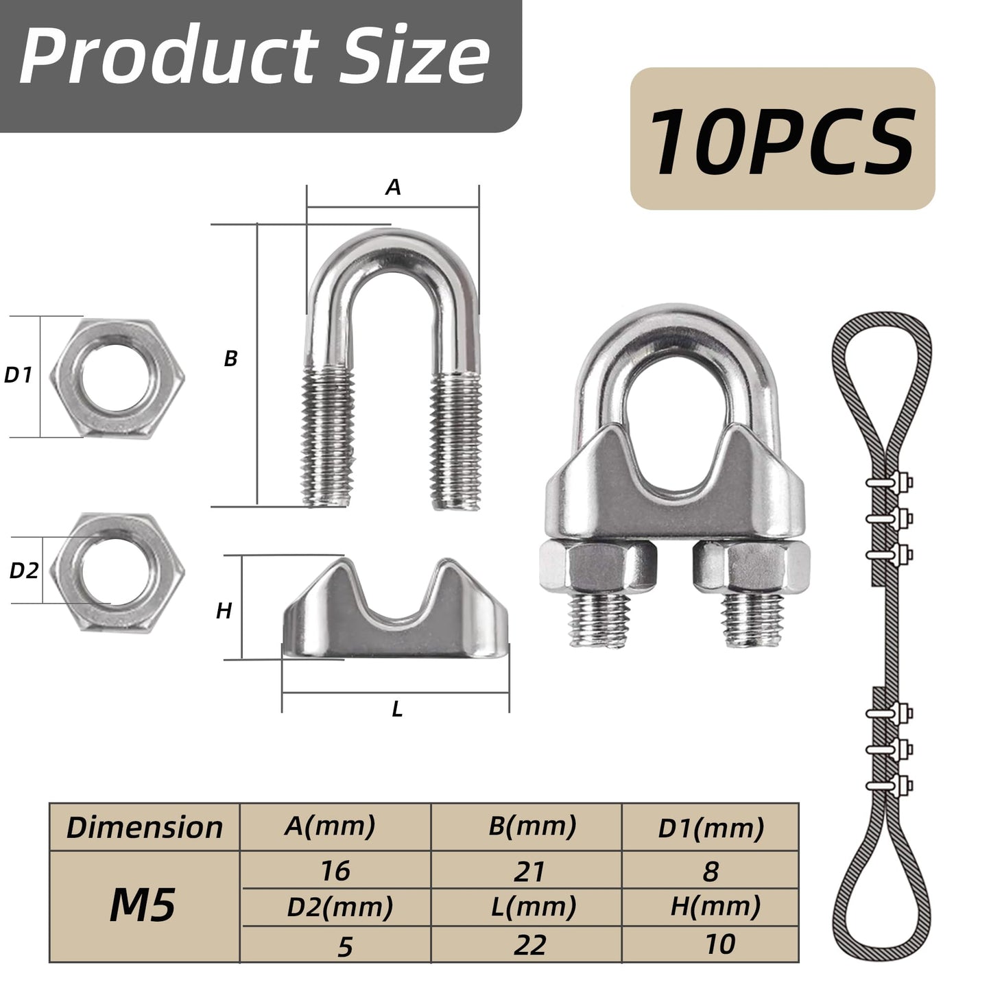 YEYIT abrazadera cable acero 10 Piezas abrazaderas para cable de acero for cable de acero 5mm，m5 abrazadera para tensar alambre，abrazaderas de cable 5mm para la industria, transporte doméstico, etc