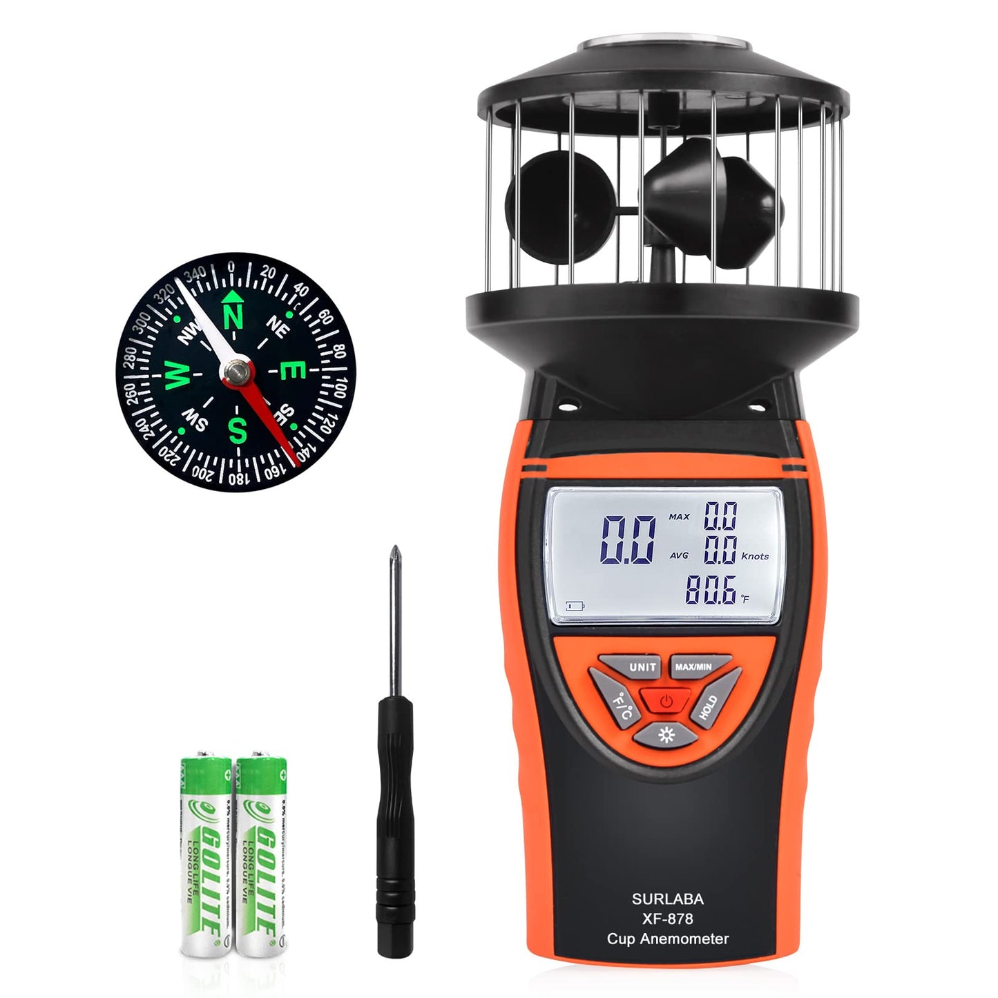 SURLABA Wind Cup Anemómetro para Exterior, XF-878 Digital Medidor de Velocidad Viento Rango Medición 0.7~42m/s, MAX/MIN/AVG Modos & Prueba de Temperatura, Wind Meter con Brújula para Drones Vela Surf