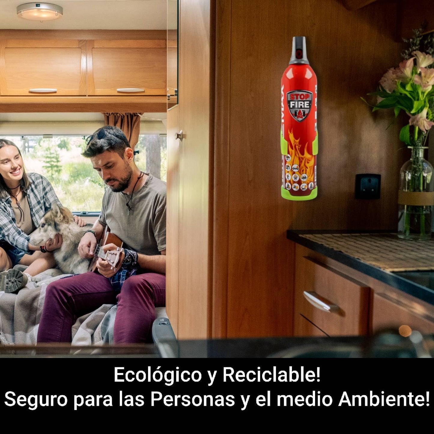 ReinoldMax Pequeño extintor de coche, mini extintor de barco, extintor de caravana, extintor eléctrico, mini extintor de barbacoa, Aerosol 5 en 1 para todos los fuegos, extintor comercial, 750ml