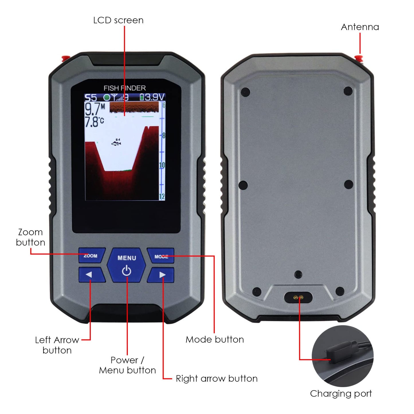 Localizador de Peces Inalámbrico Sensor de Sonda 125kHz Frecuencia 45 Metros / 147 Pies Profundidad Alarma Función y Largo LCD Monitor