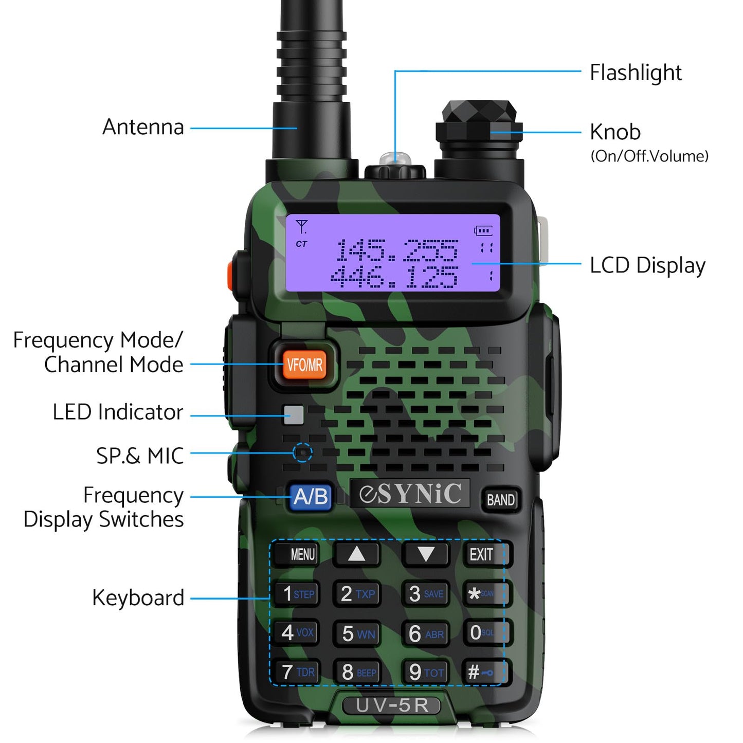 eSynic 2PCS UV-5R Walkie Talkie 128 Canales VOX Banda Dual VHF/UHF con Pantalla LED de Memoria con Explosión Parpadeo de Alarma Soporta VOX para Sitio de Construcción Hotel Adventure