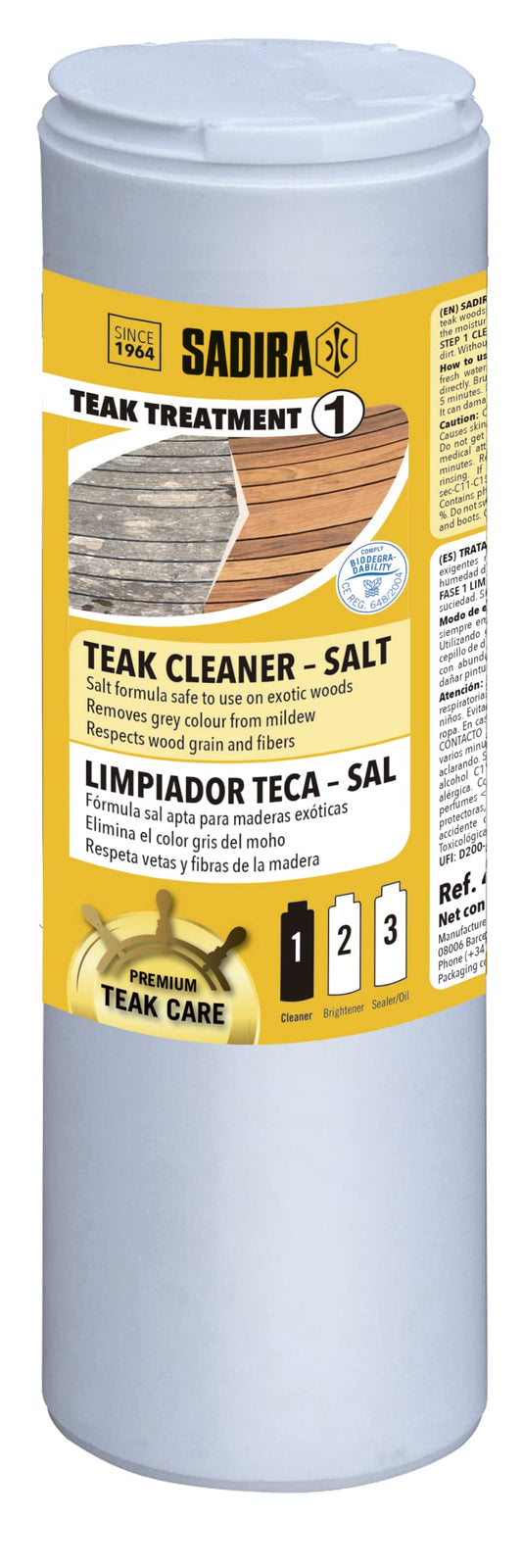 SADIRA | Limpiador Madera Teca 420 gr en Sal. Elimina Manchas Grises y Humedad en Las Maderas de Teca y exóticas de Barcos y Muebles jardín.