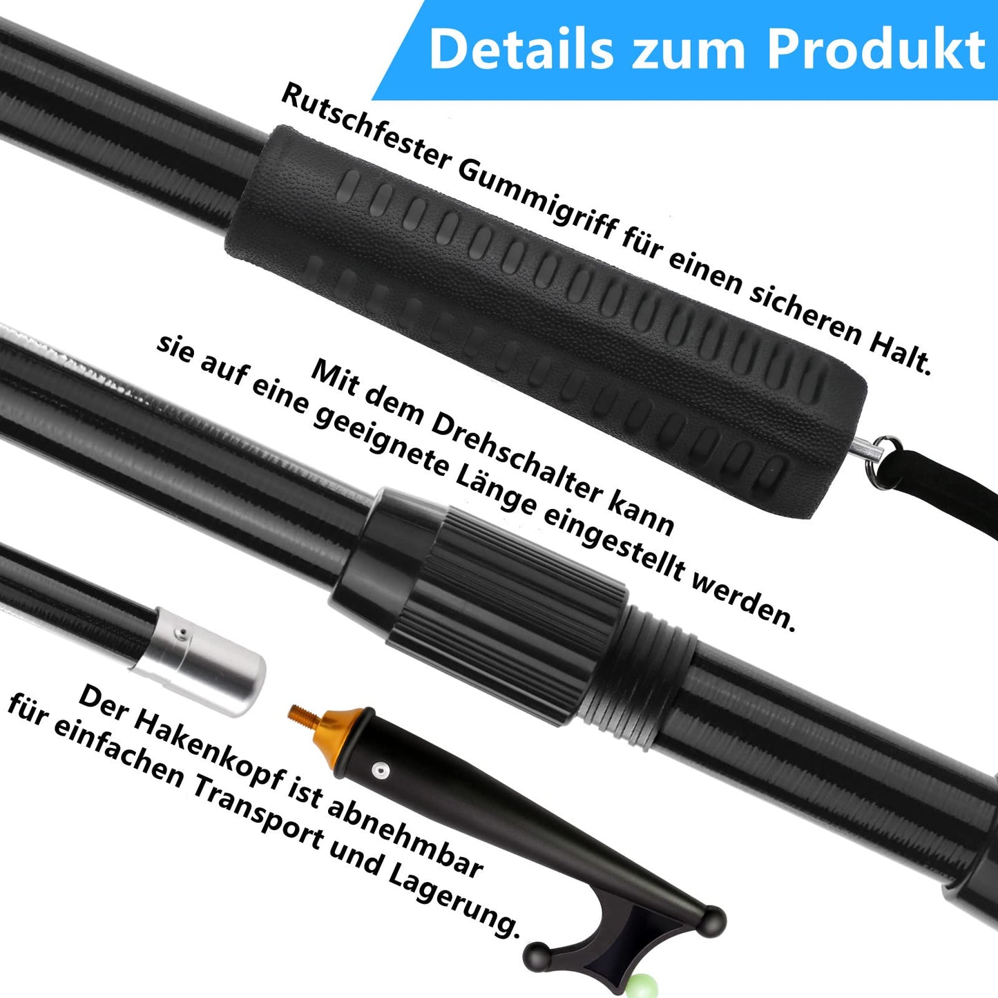 KOMCLUB Ganchos telescópicos para Barcos,Gancho telescópico de Fibra de Vidrio y Aluminio, diseño Brillante, Resistente a la corrosión, Duradero, Fuerte, Barra de Empuje para Colocar.
