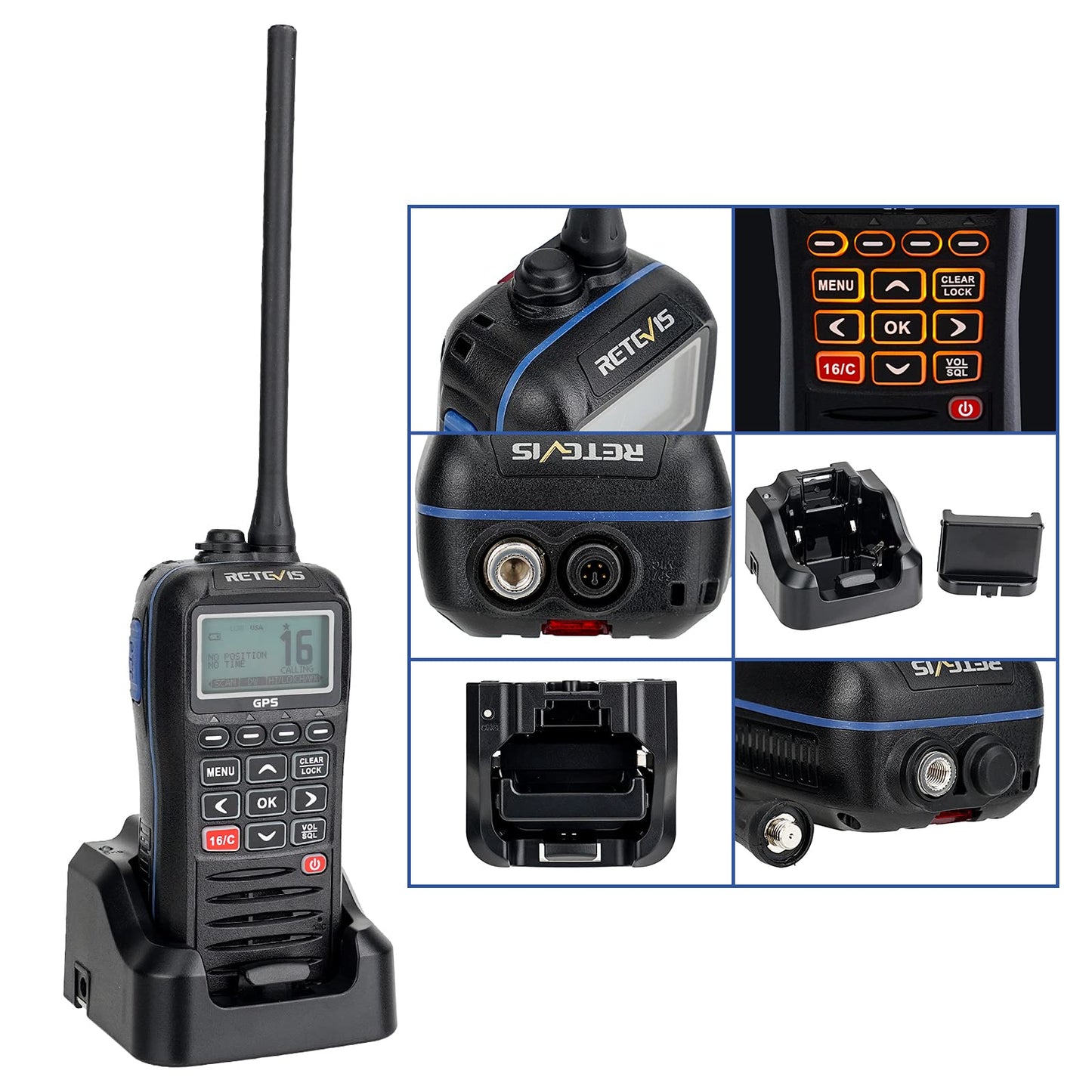 Retevis RM40 Radio VHF Portátil, Radio Marina GPS, IP67 Impermeable, Profesional DSC Radio Marina Portátil, Radio Bidireccional Flotante, Transceptor Marino para Rescate, Guardacostas (Negro,1Pieza)