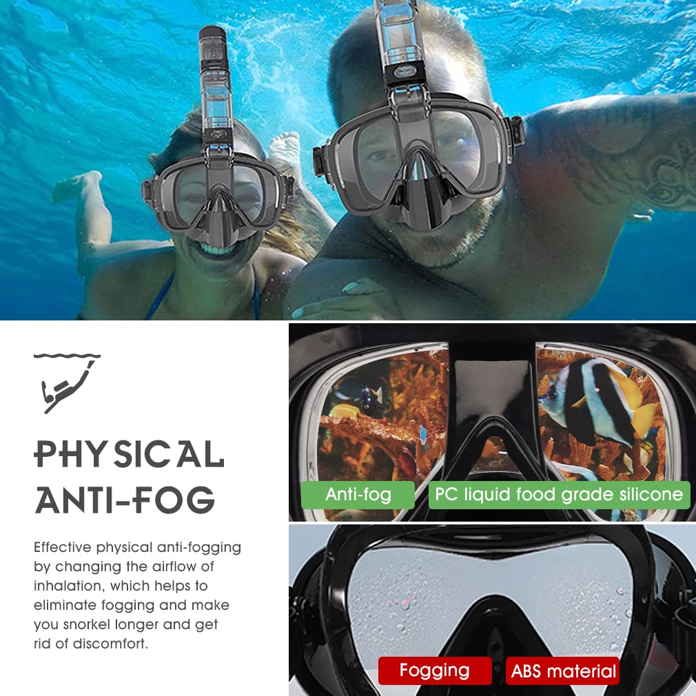 Opurtdor Dry Snorkelling Set Gafas de Buceo de Cristal Templado Gafas de Natación y Buceo 180° Panorámico Equipo de Snorkel Respiración Libre Gafas de Buceo para Hombres Adolescentes Mujeres