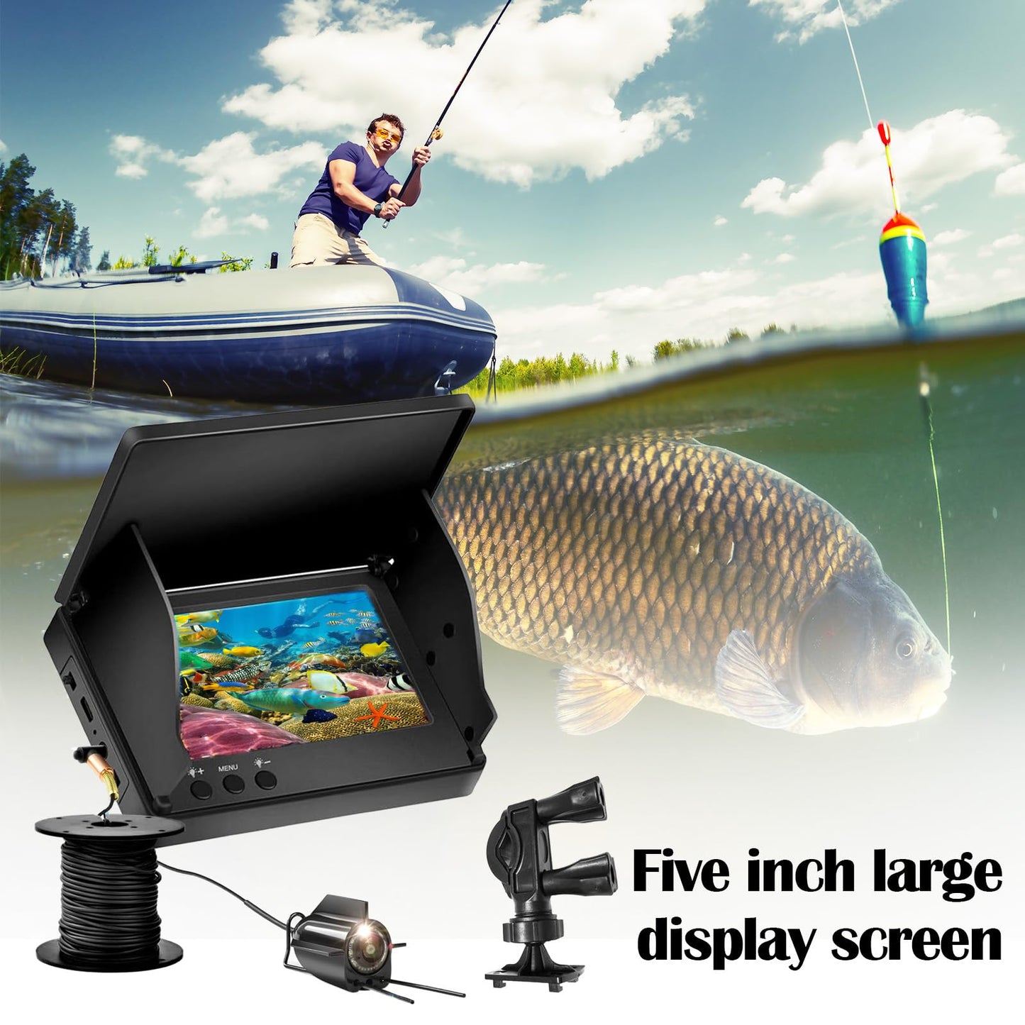 Sonda de Pesca, Cámara de Pesca Submarina IP65 Impermeable con 5" Pantalla IPS 8000 mAh Batería 30M Cable 220° Visión Nocturna Gran Angular para Pesca en el Mar Pesca en Río Pesca en Hielo