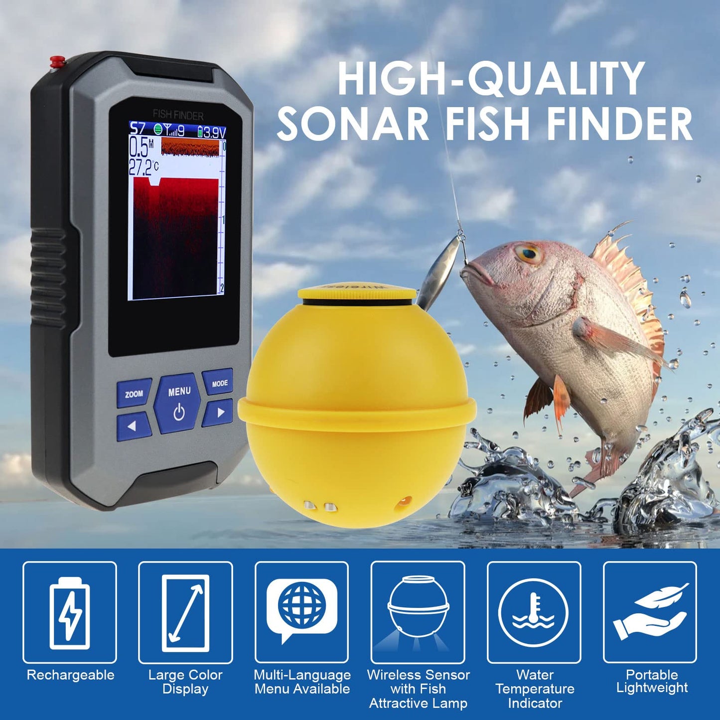 Localizador de Peces Inalámbrico Sensor de Sonda 125kHz Frecuencia 45 Metros / 147 Pies Profundidad Alarma Función y Largo LCD Monitor