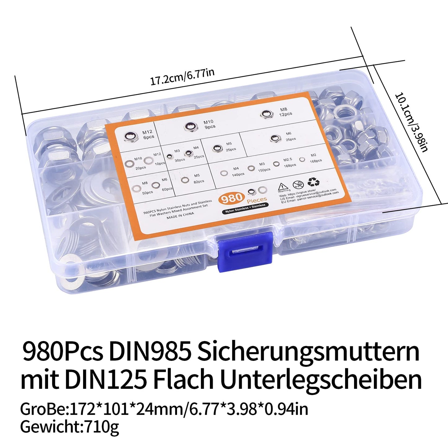 980 Piezas Tuercas Hexagonales con Arandelas Planas, Tuercas de Contratuerca, Tuerca de Bloqueo de Inserción Acero Inoxidable Autoblocantes para Tornillos - M2.5/M3/M4/M5/M6/M8/M10/M12