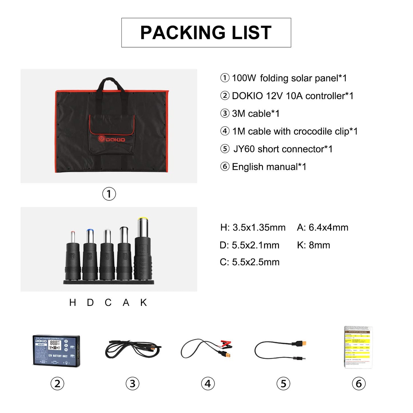 Dokio - Kit de panel solar plegable, ligero, monocristalino con control solar, 2 salidas USB, 100 W, 12V, para caravana o barco (portátil)