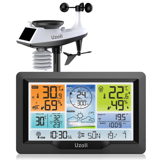 Uzoli Estación Meteorológica con Pluviómetro Anemómetro Pantalla a Color de 7,4'' Temperatura Interior Exterior Humedad Presión Atmosférica Previsión Meteorológica 6 en 1 Sensor Exterior - EM3390D