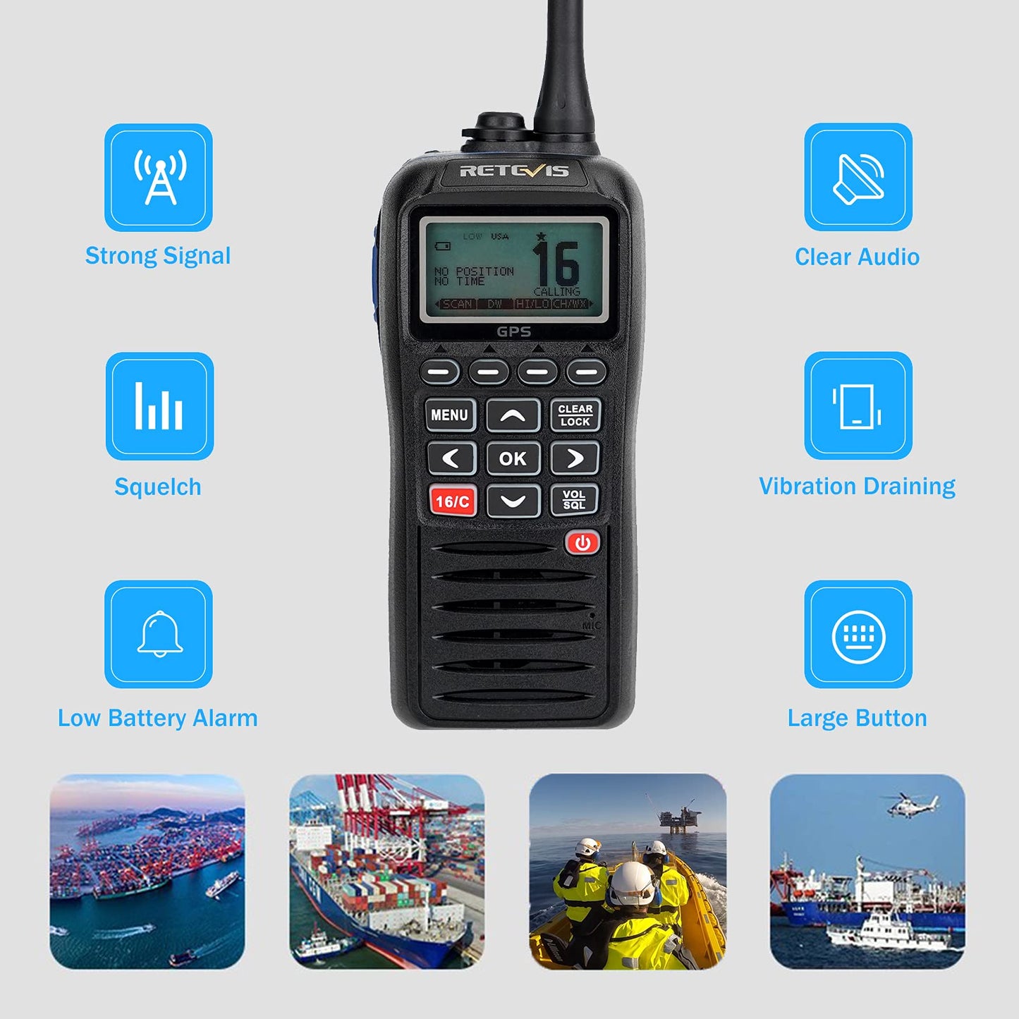 Retevis RM40 Radio VHF Portátil, Radio Marina GPS, IP67 Impermeable, Profesional DSC Radio Marina Portátil, Radio Bidireccional Flotante, Transceptor Marino para Rescate, Guardacostas (Negro,1Pieza)