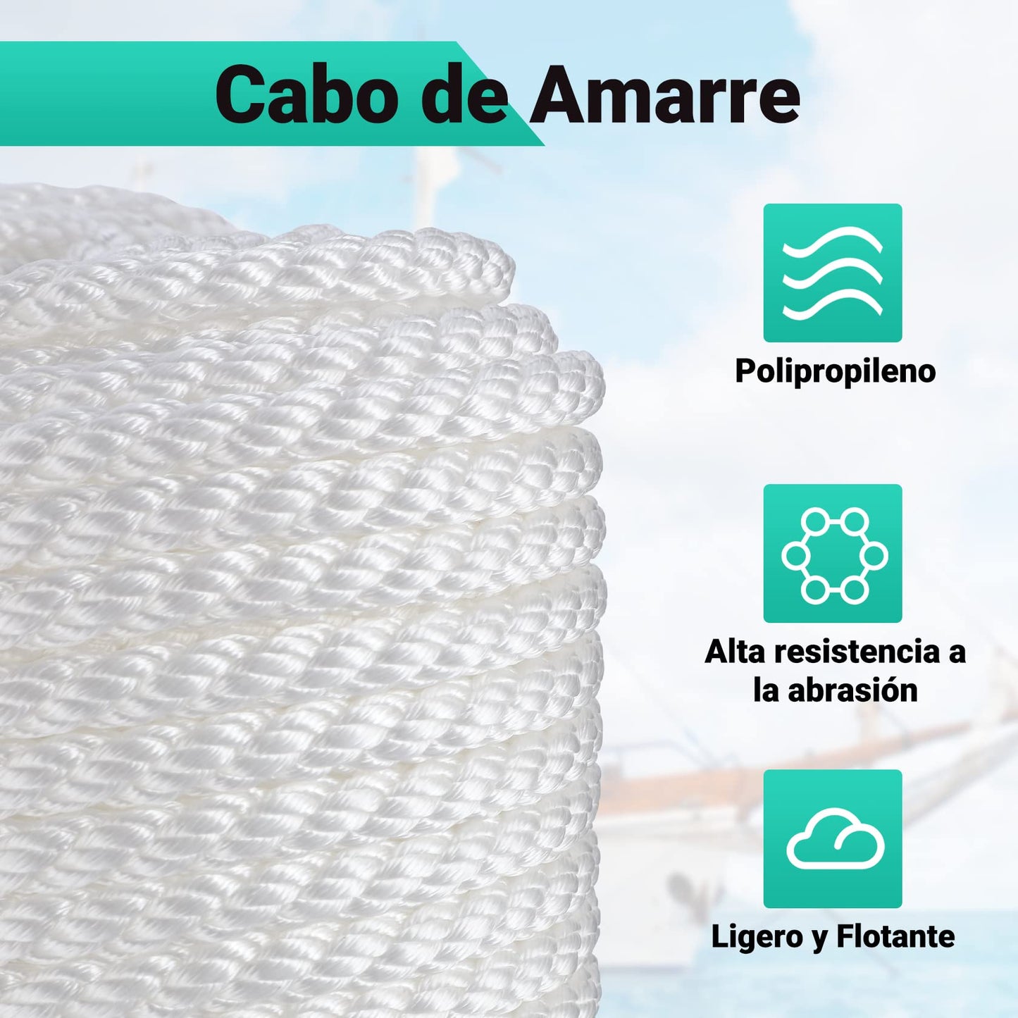 CarBole Cuerda para Barco, Cuerda de Nailon de 12mm x 30m para Escalada, Marinero, Barco de Pesca, Ancla de Barco, Amarre de Barco