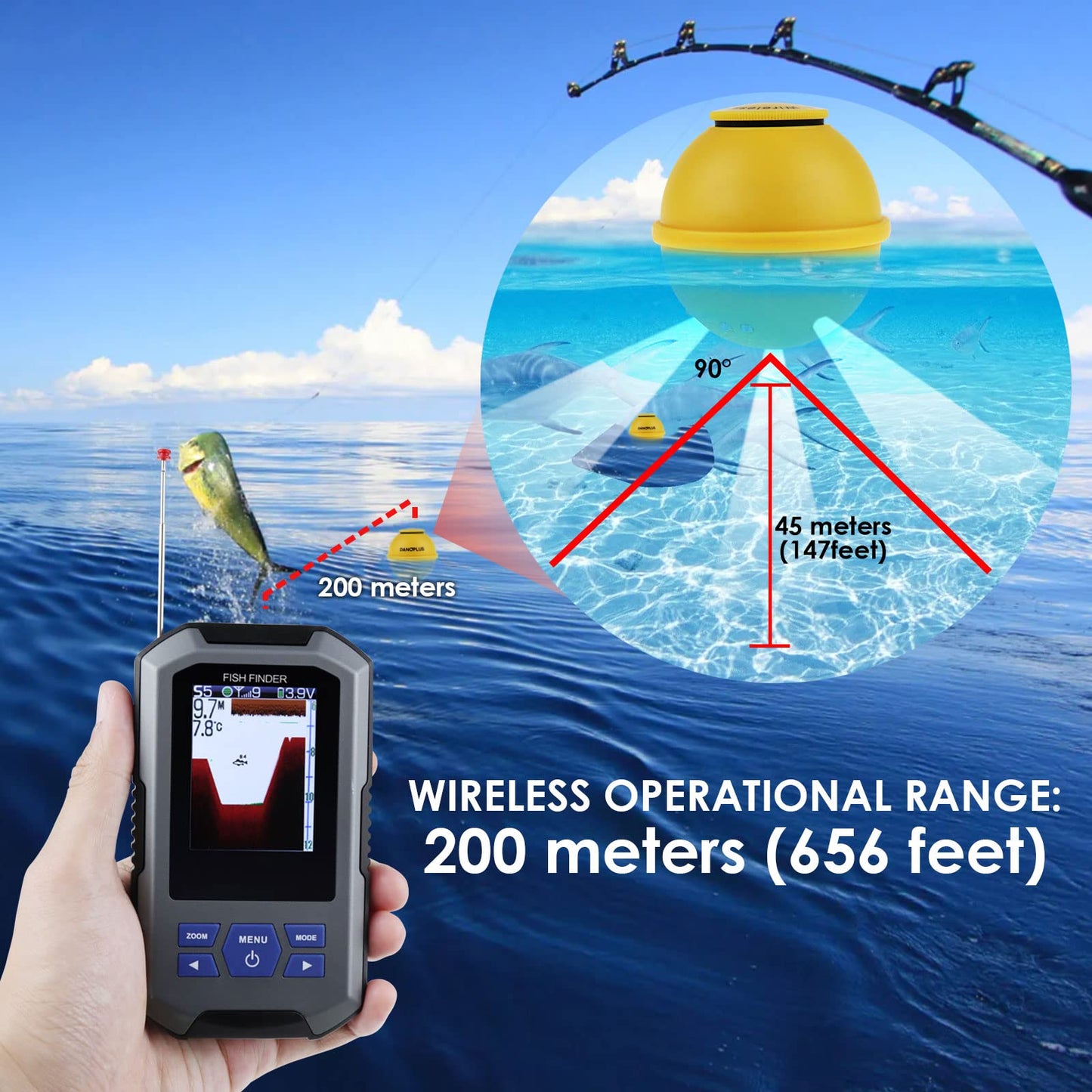 Localizador de Peces Inalámbrico Sensor de Sonda 125kHz Frecuencia 45 Metros / 147 Pies Profundidad Alarma Función y Largo LCD Monitor