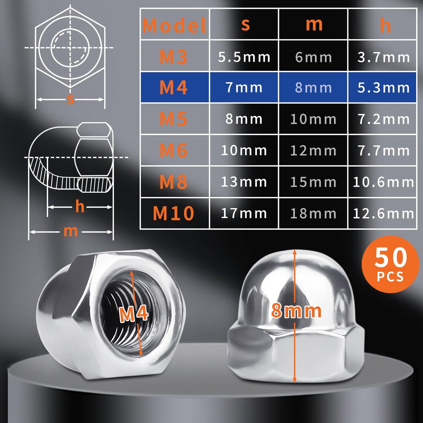 SWTYExt M4 Tuercas Bellota Acero Inoxidable 50 Piezas Tuerca Sombrerete DIN 1587 Alta Forma A2 V2A Tuercas Sombrerete Hexagonales para Tornillos Pernos Roscados & Varillas Roscadas